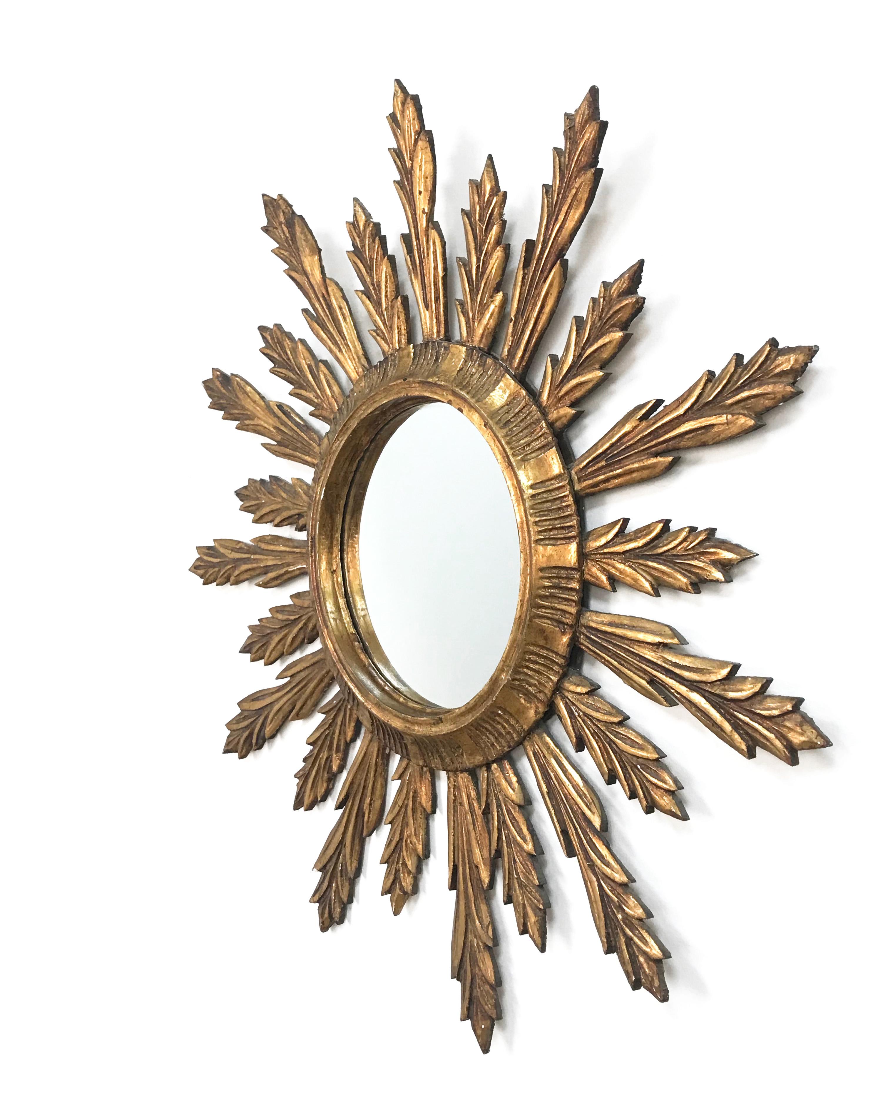 Wall Mirror in Gilded Wood, Giltwood Sunburst Vintage, France 1950s, Lucky Charm 4