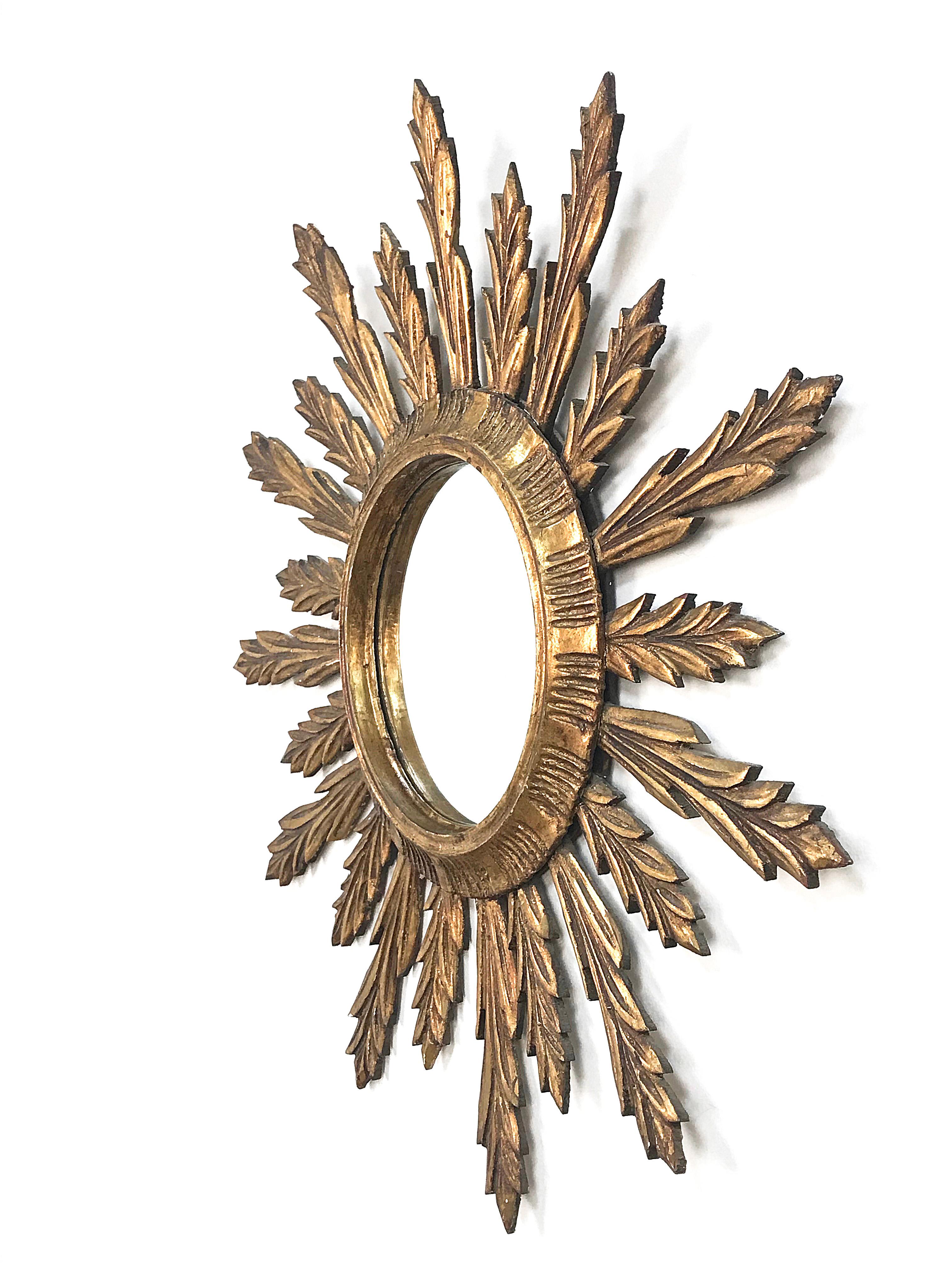Wall Mirror in Gilded Wood, Giltwood Sunburst Vintage, France 1950s, Lucky Charm 5