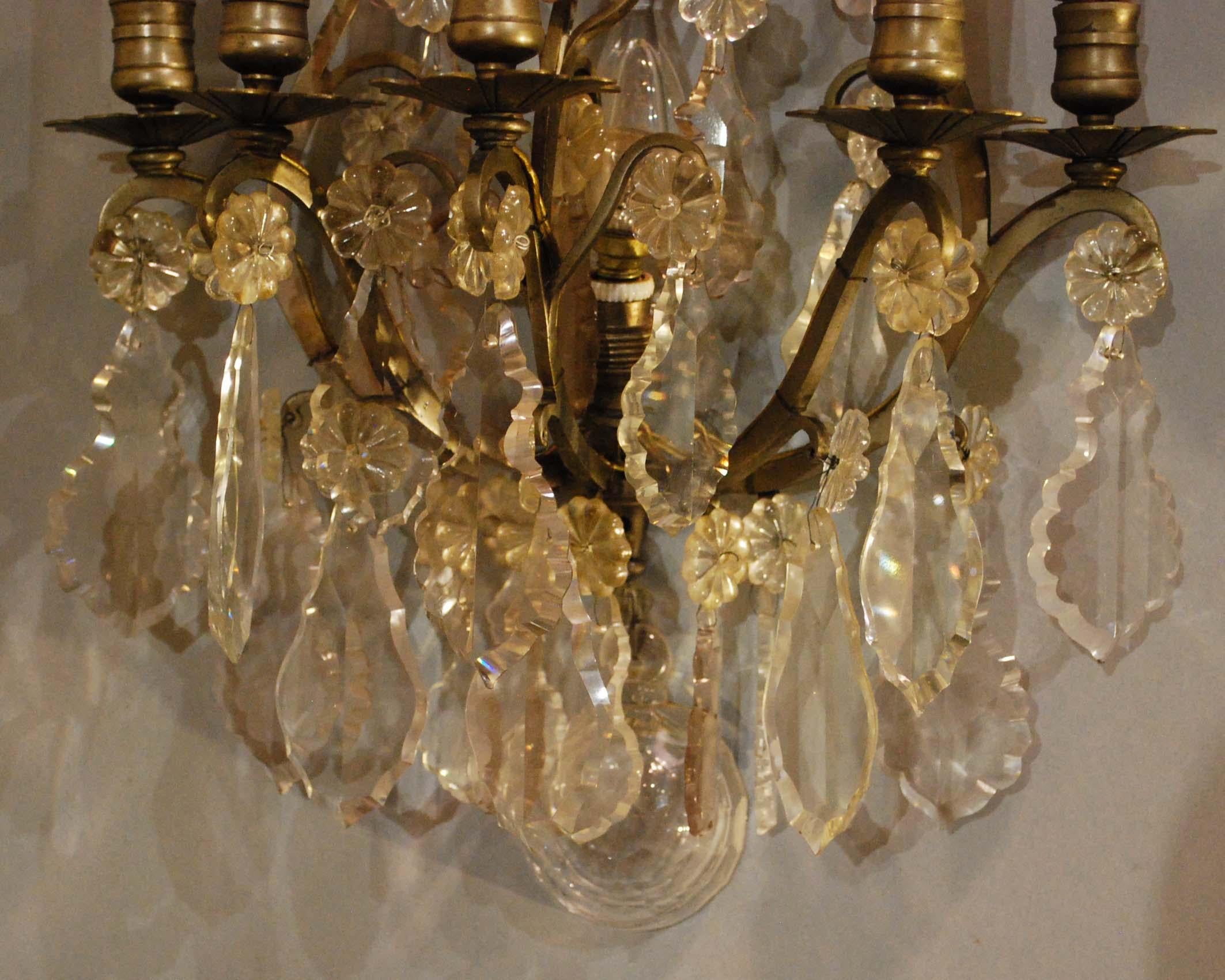19th Century Pair of Bronze French Wall Sconces Hung with Crystal 10
