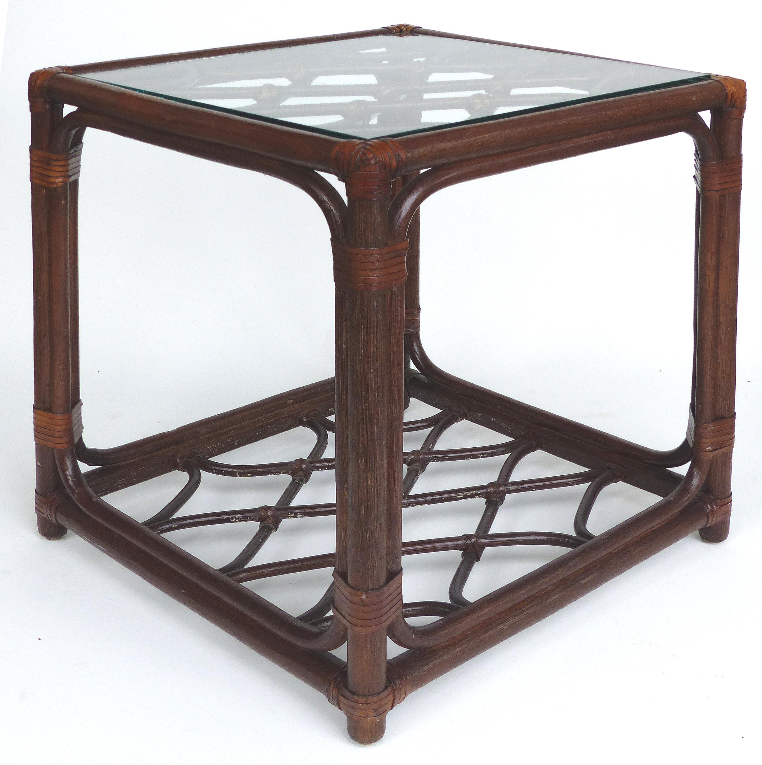 Rattan Side Table, Criss Cross Design, Leather Strapping attributed to McGuire 7