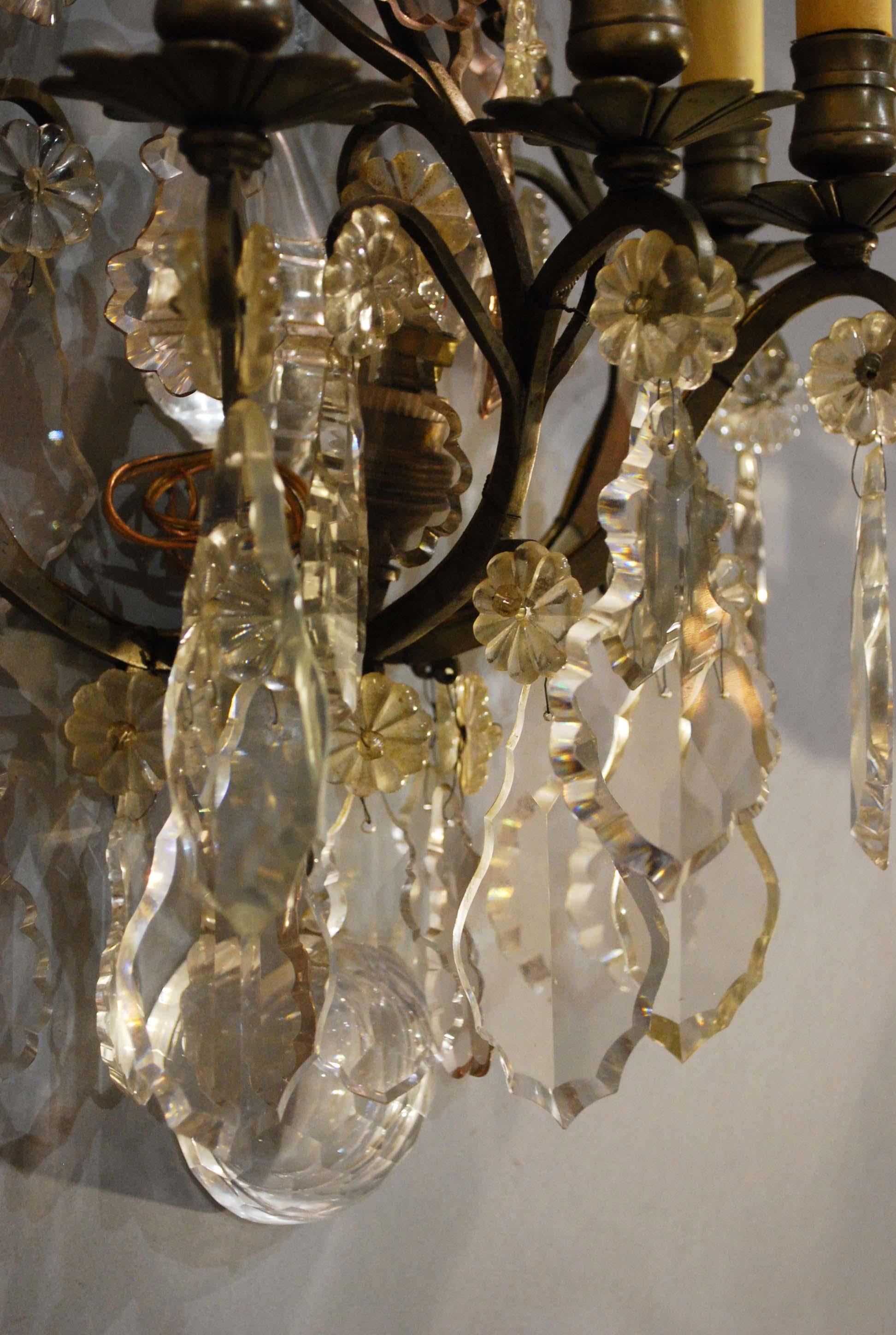 19th Century Pair of Bronze French Wall Sconces Hung with Crystal 11