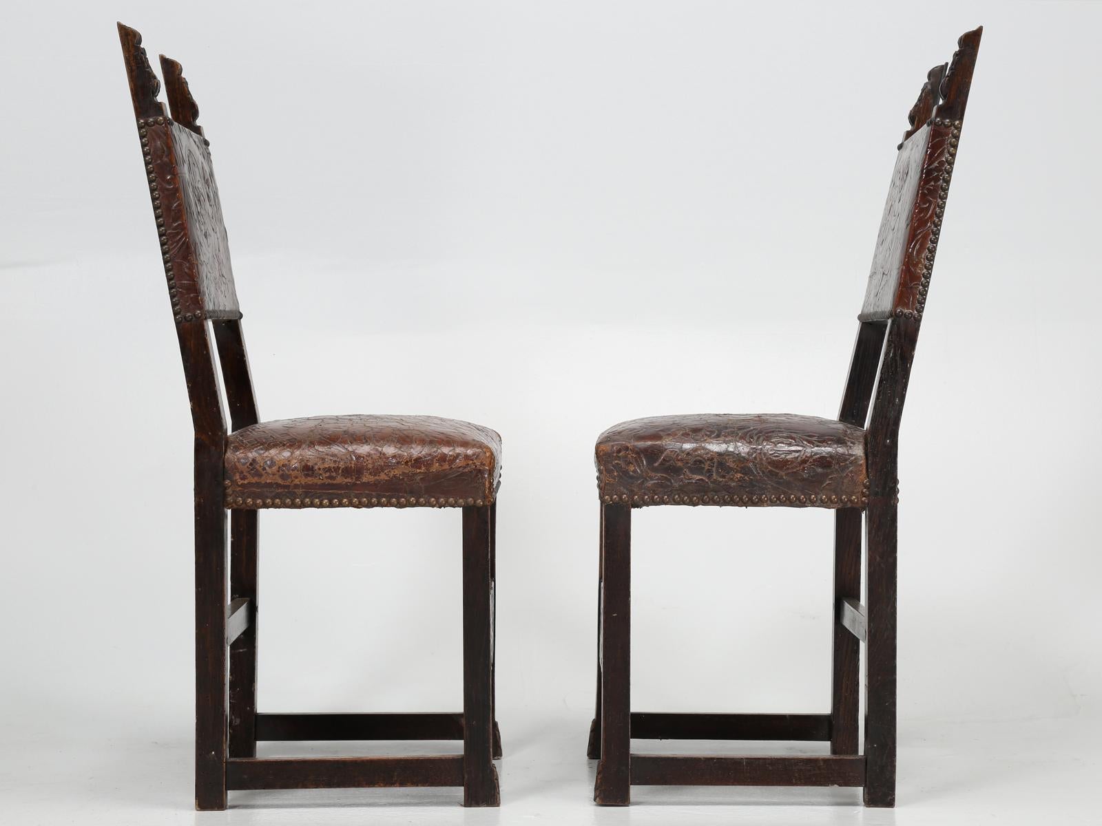 Pair Spanish Tooled Leather Antique Chairs 7