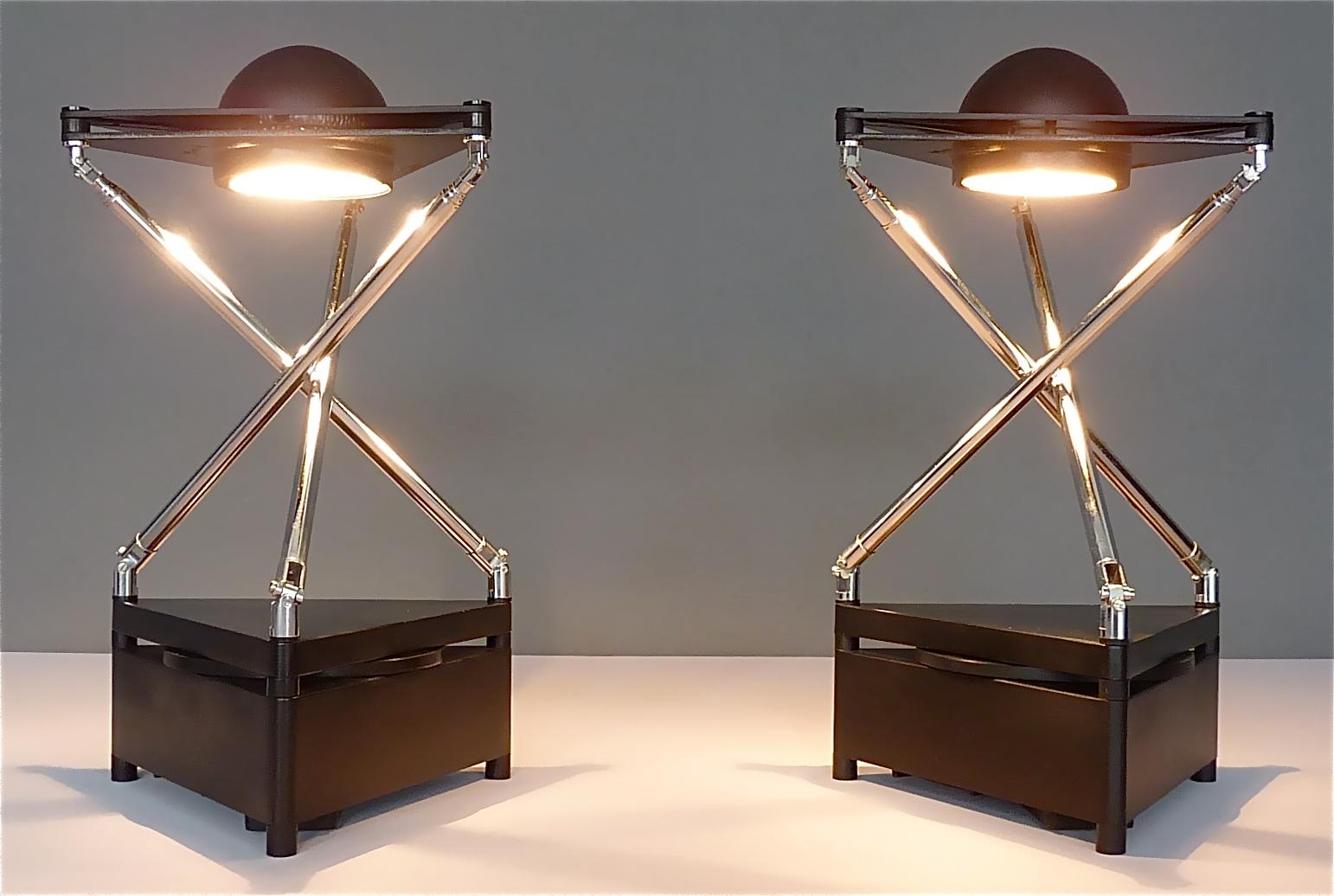 Pair Sculptural Table Lamps by F.A. Porsche Lucitalia Chrome Metal Black Plastic 6