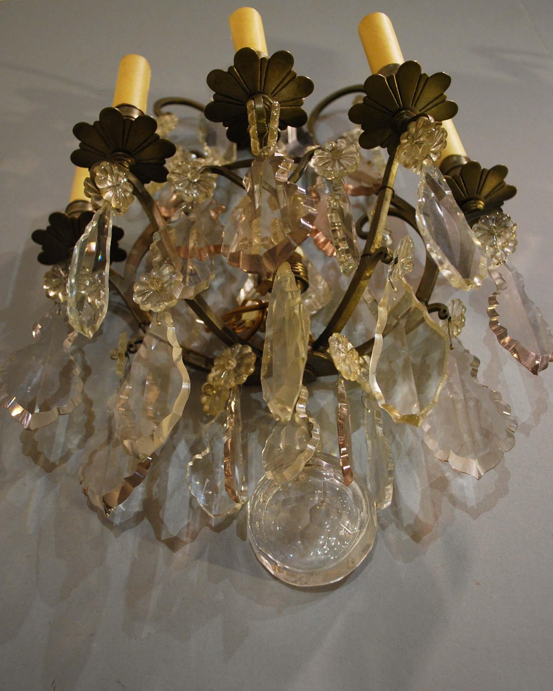 19th Century Pair of Bronze French Wall Sconces Hung with Crystal 14