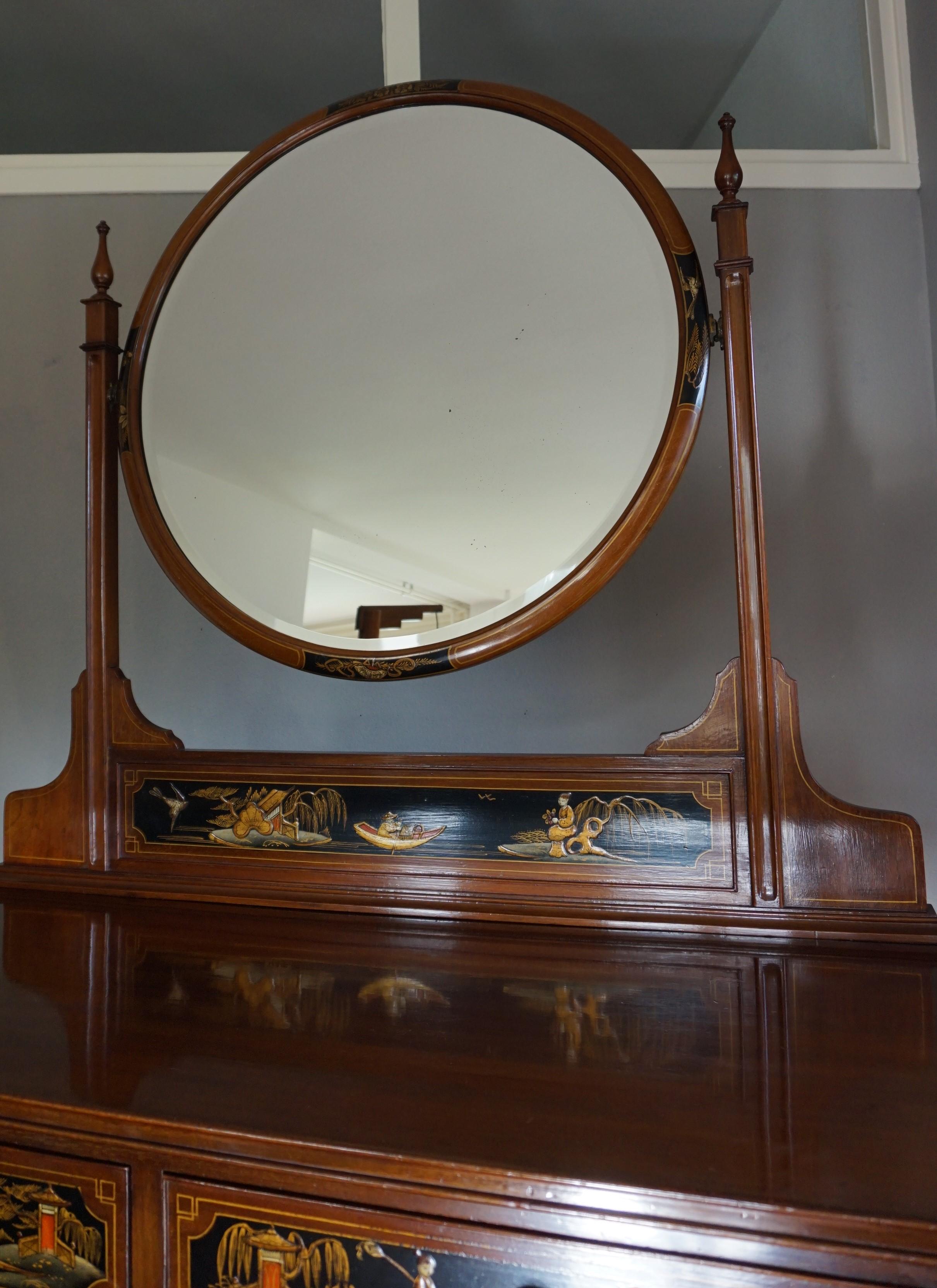 Antique Hand-Painted Mahogany Commode W. Beveled Vanity Mirror Chinoiserie Style 10