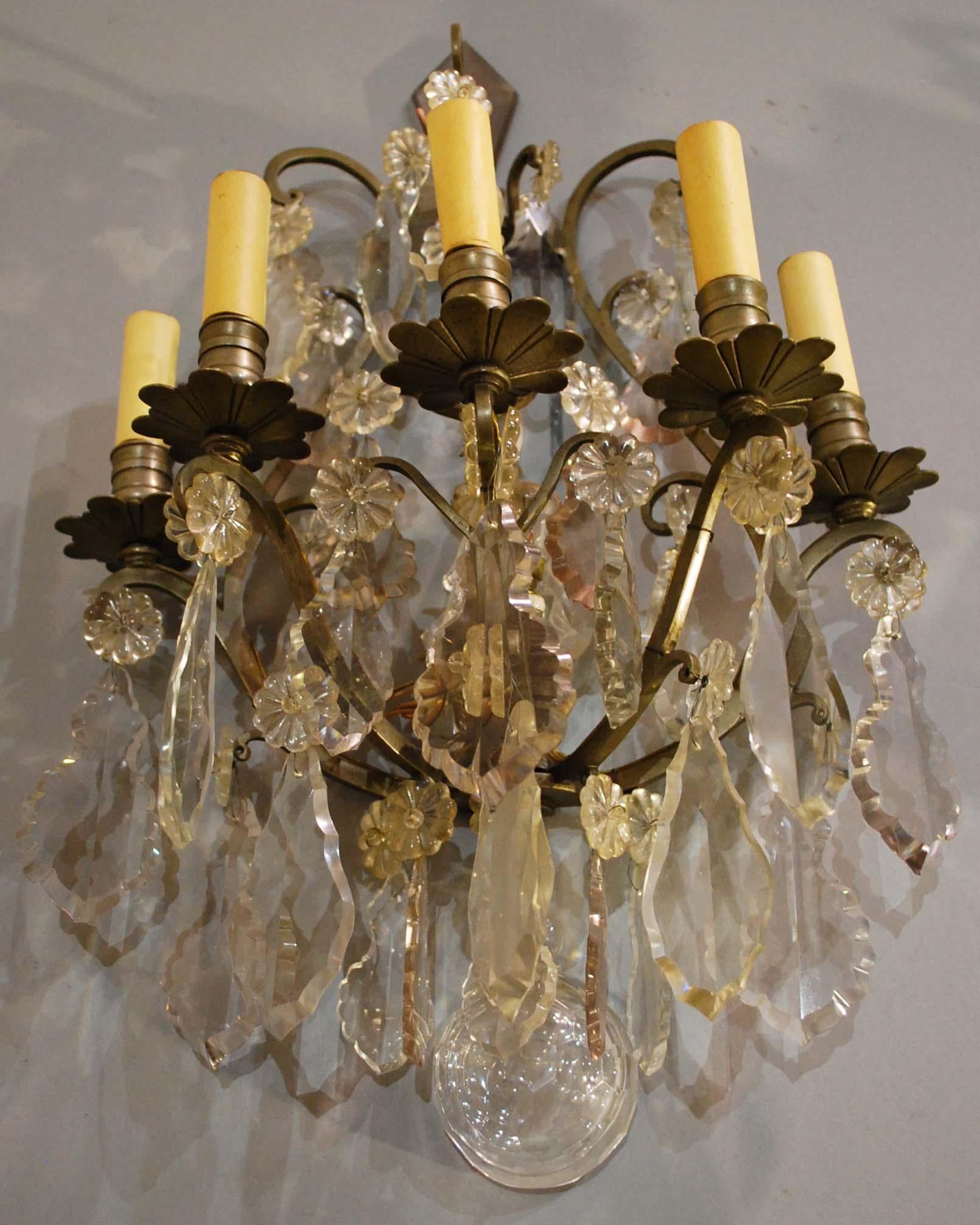 19th Century Pair of Bronze French Wall Sconces Hung with Crystal 15