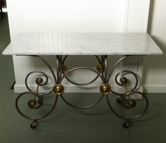 French Style, Marble Top Bakers Table with Brass and Metal Base