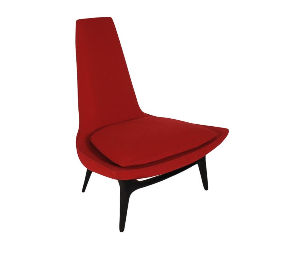 One of my favorite designs, here we have a high back lounge chair produced by Karpen California in the 1960s. This chair is 100% original with ebony frame and red wool upholstery. Super clean and ready for use.