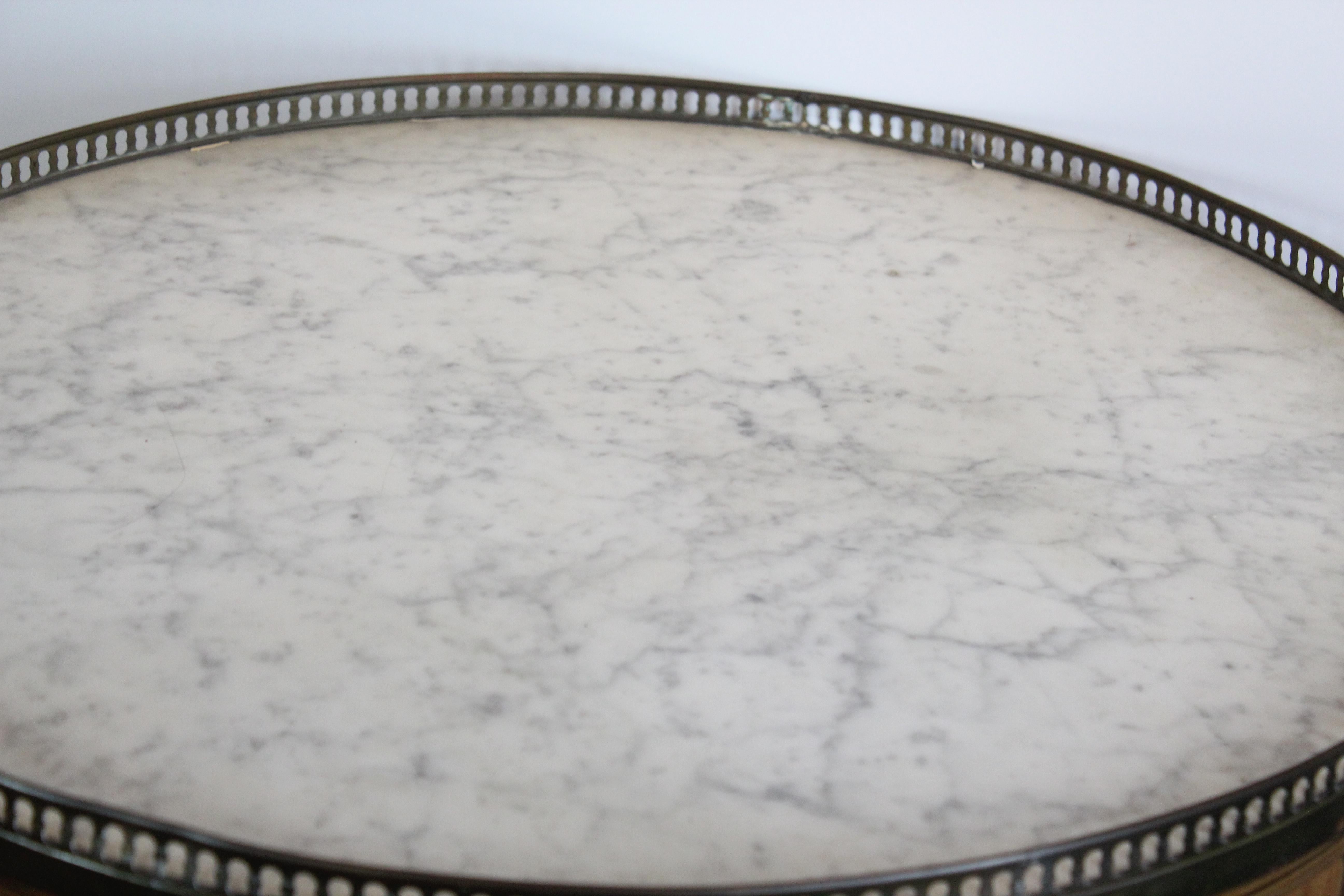 French original marble, brass gallery and inlay accents bouillotte table.