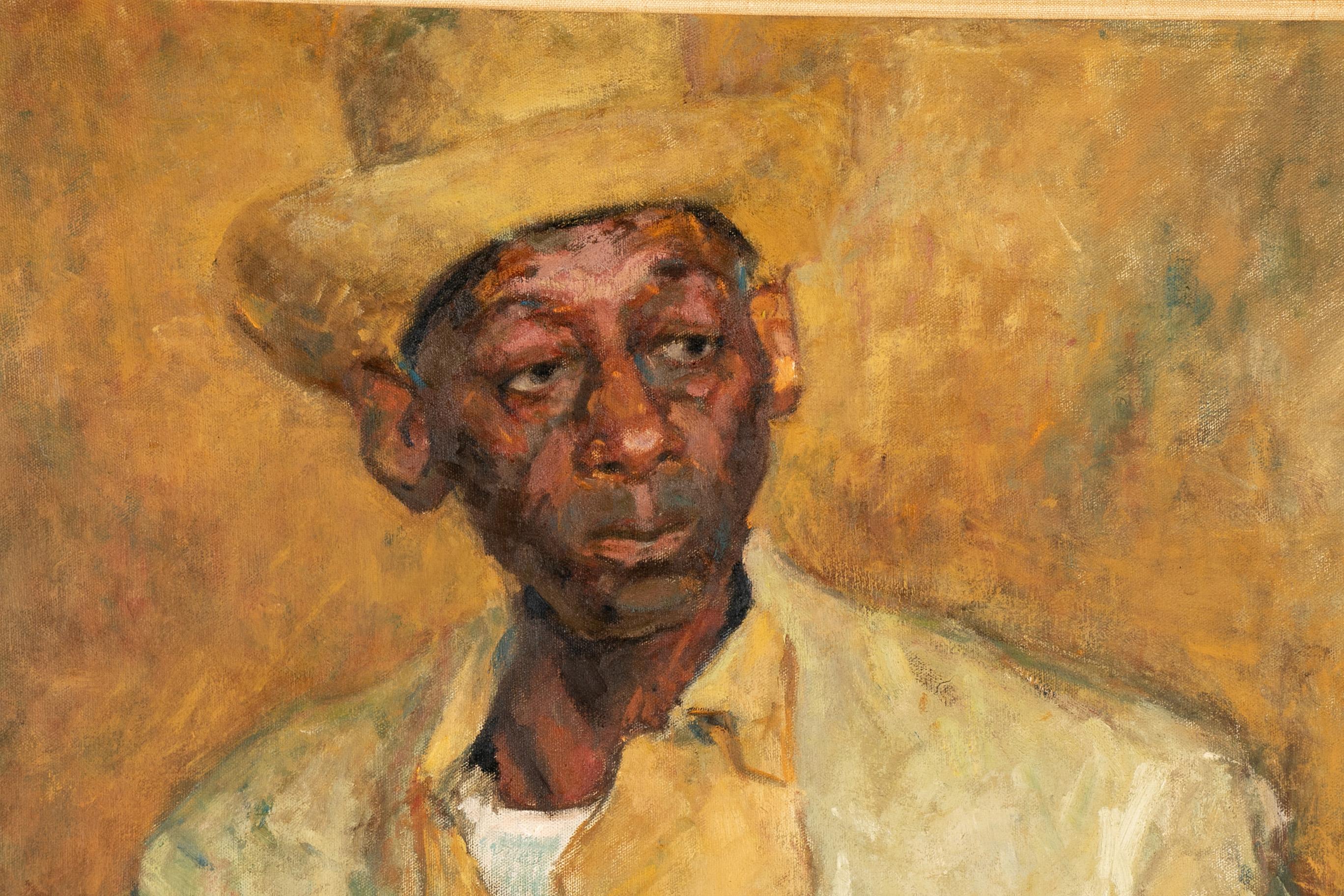 S. Lafarge American, 20th century, oil on canvas, 3/4 portrait of an African American New Orleans Cook, wearing a straw hat, apron and holding utensils with an interesting pensive look to his left, signed lower right, mounted in custom guilt