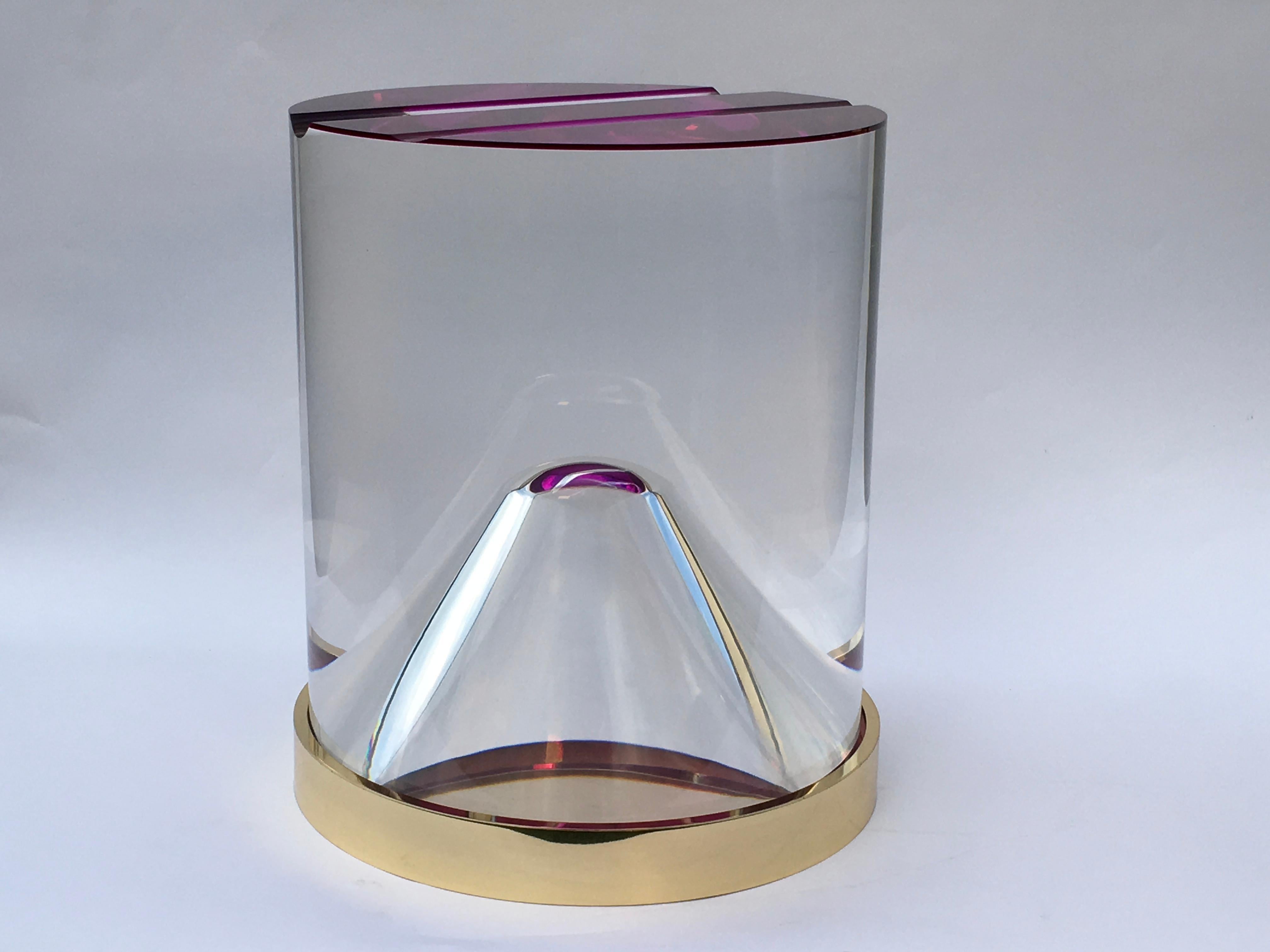 Coffee table, full cylinder in plexiglass with internal cavity and brass base designed by Studio Superego for Superego Editions. Purple/fuchsia color.

Biography
Superego Editions was born in 2006, performing a constant activity of research in