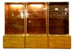 Three Modular Burl Wood and Brass Illuminated Display Cabinet by Willy Rizzo