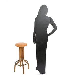 Four Postmodern Camel Color Leather & Walnut Plywood Revolving Stools, Italy