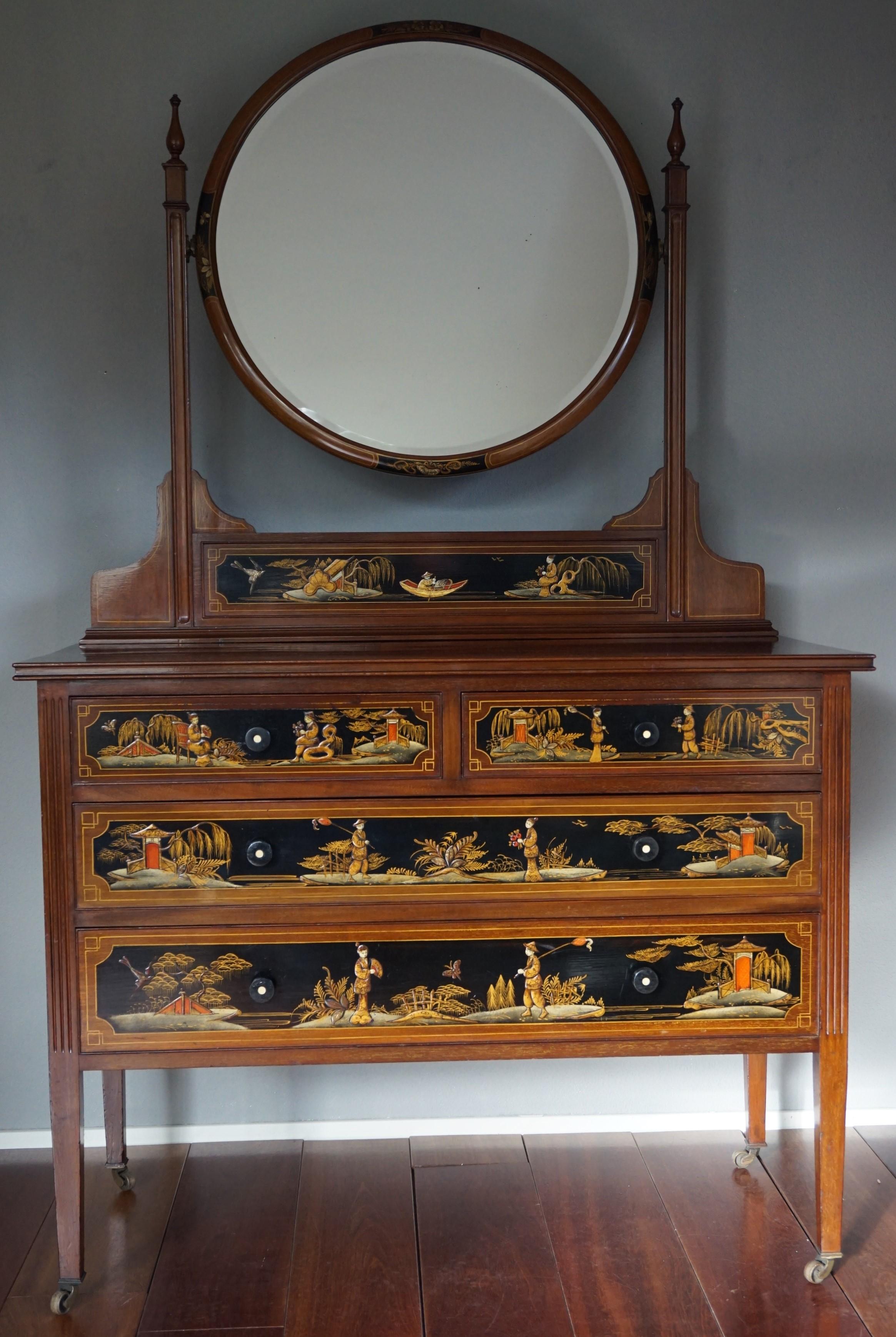 Stunning, practical and all hand-crafted chest of drawers with circular mirror.

This museum quality and condition piece of furniture and work of art at the same time, dates back to the era of the British Aesthetic Movement. It is part of a unique