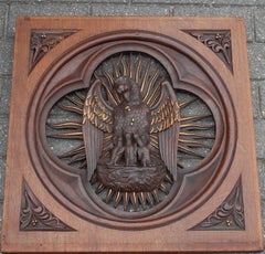 Antique Gilt Oak Gothic Style Panel of Brood Feeding Pelican as Symbol of Christ