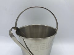 1970s Chrome Ice Bucket and Tongs with Greek Key Motif