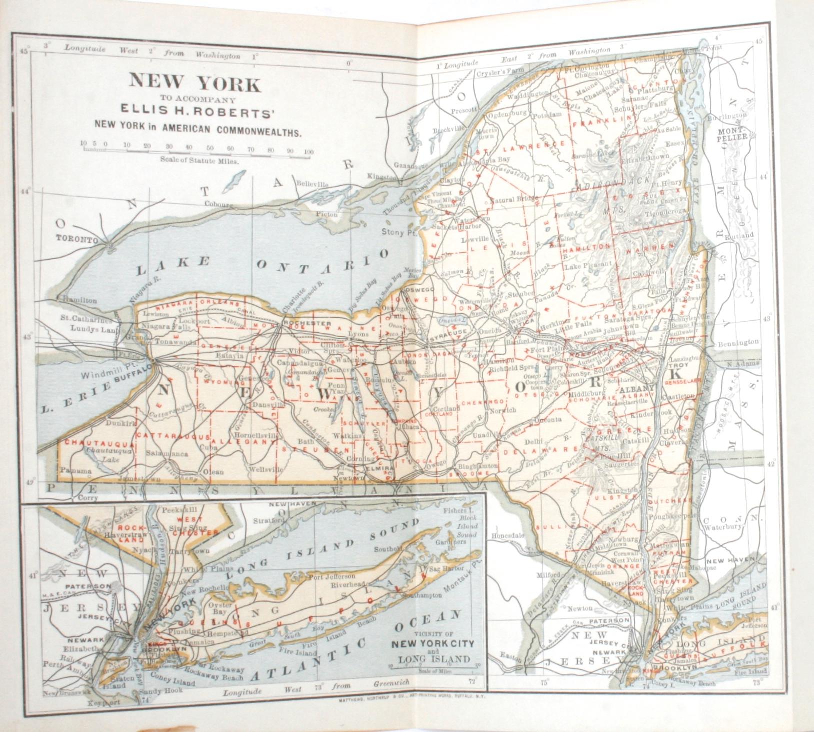 New York, the planting and the growth of the Empire state in two volumes by Ellis H. Roberts. Boston and New York: Houghton, Mifflin and Company, 1892. Moroccan and marbleized paper bound hardcover. 758 pp. Antique history books on the state of New