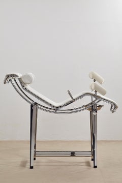 White Leather and Steel Chaise Longue by Robert Vincent, One-of-a-kind
