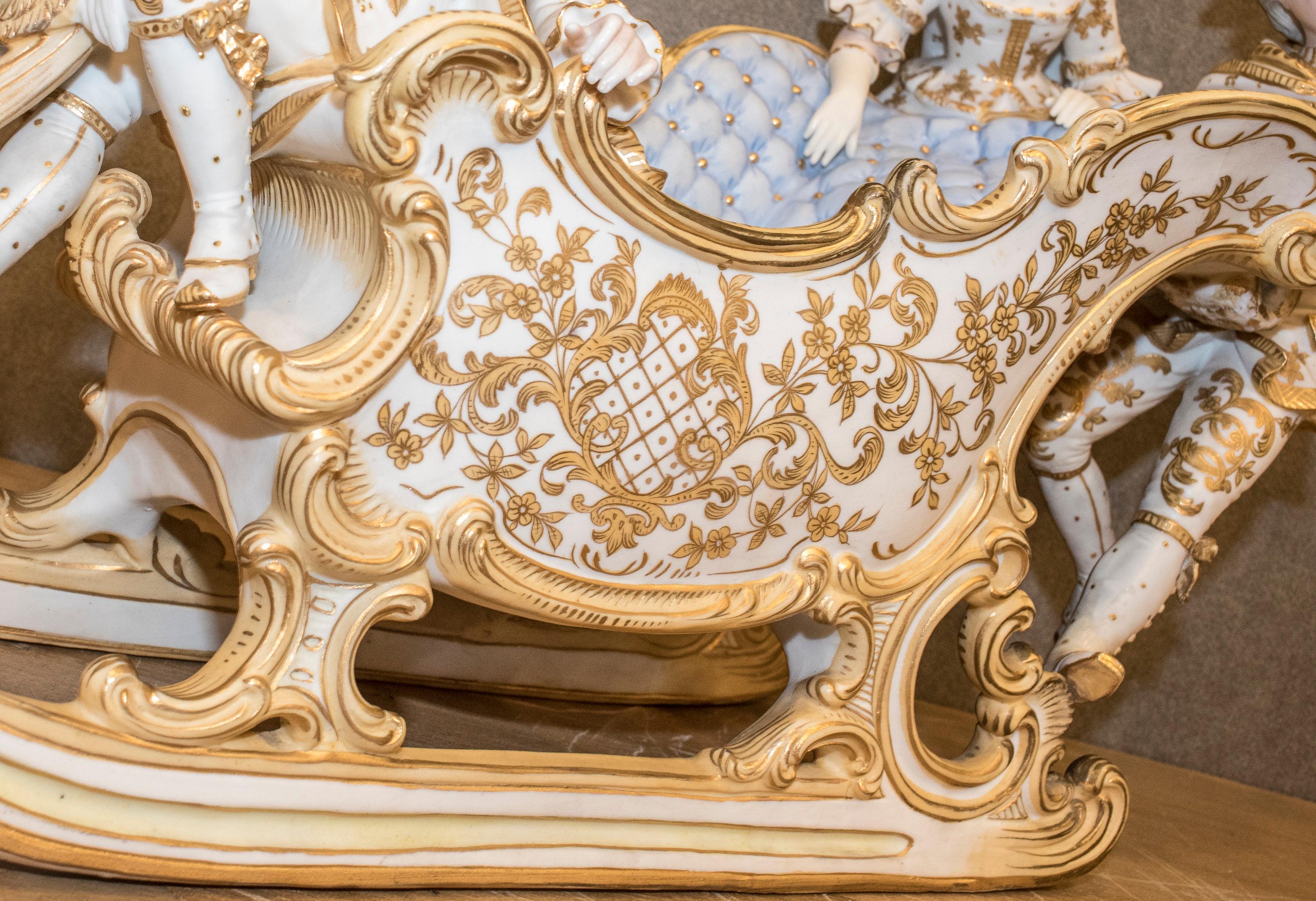 One of a kind 19th century, circa 1840 polychrome and golded central porcelain, probably
German or Austrian, baroque sleigh .With marks in the base and written the date in the base too.
Stunning piece with a very fine job. In an excellent