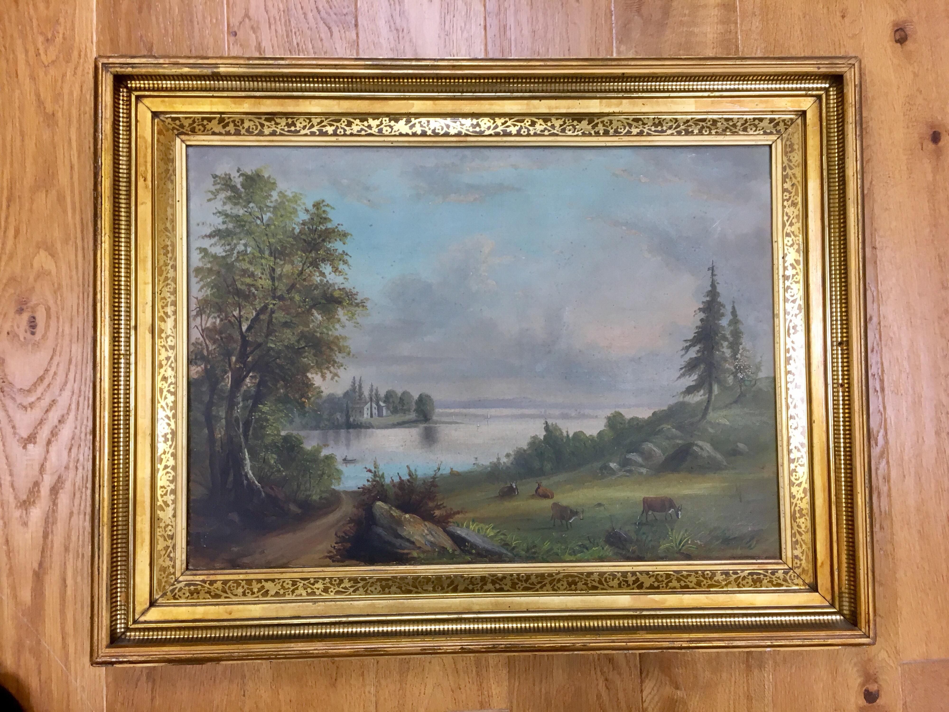 Original oil painting in original frame with no signature by the artist that we can see, circa 1920s.