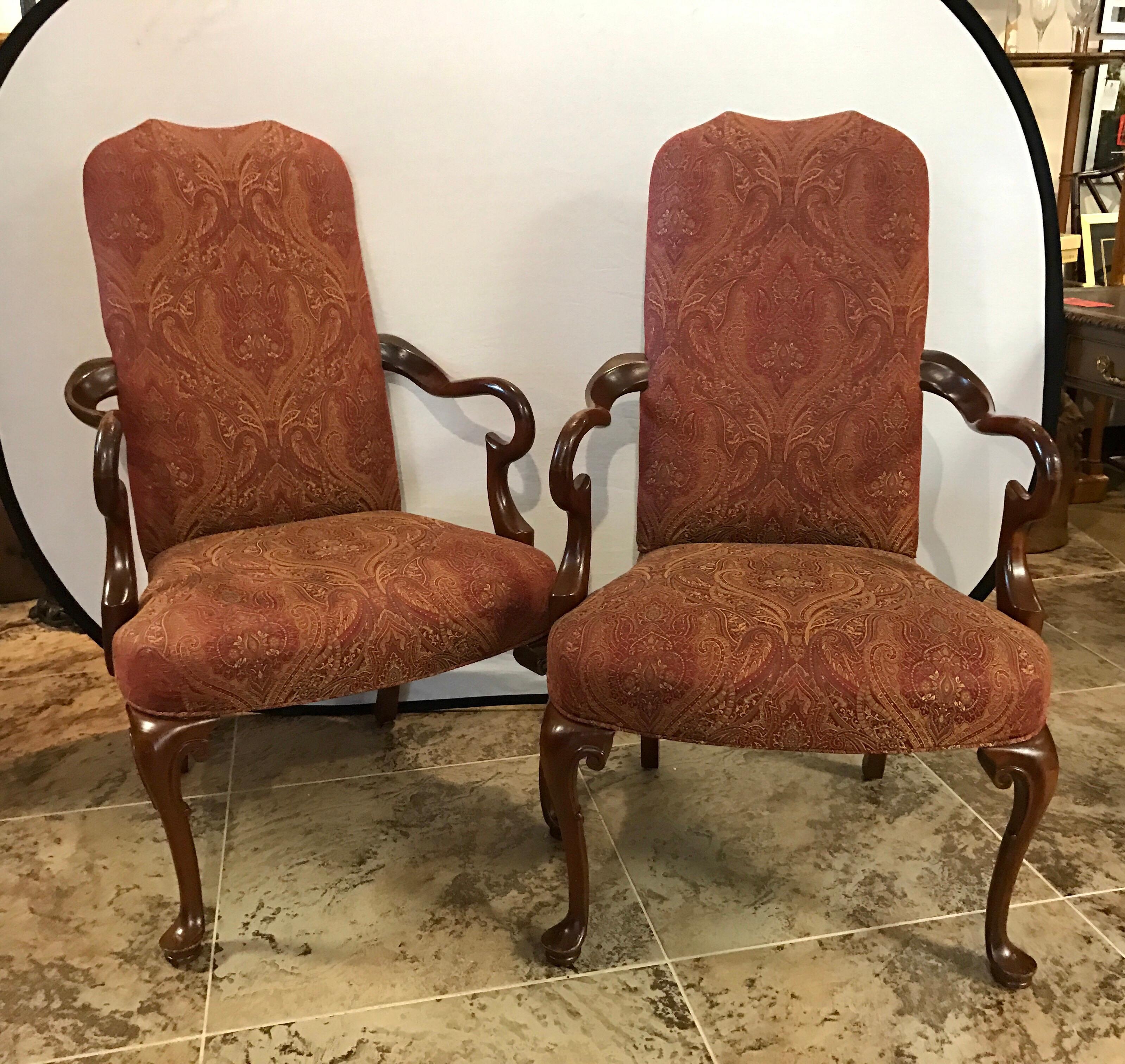 Elegant pair of matching mahogany gooseneck chairs with luxurious paisley fabric in merlot, gray, green and gold. Fabric is cotton.