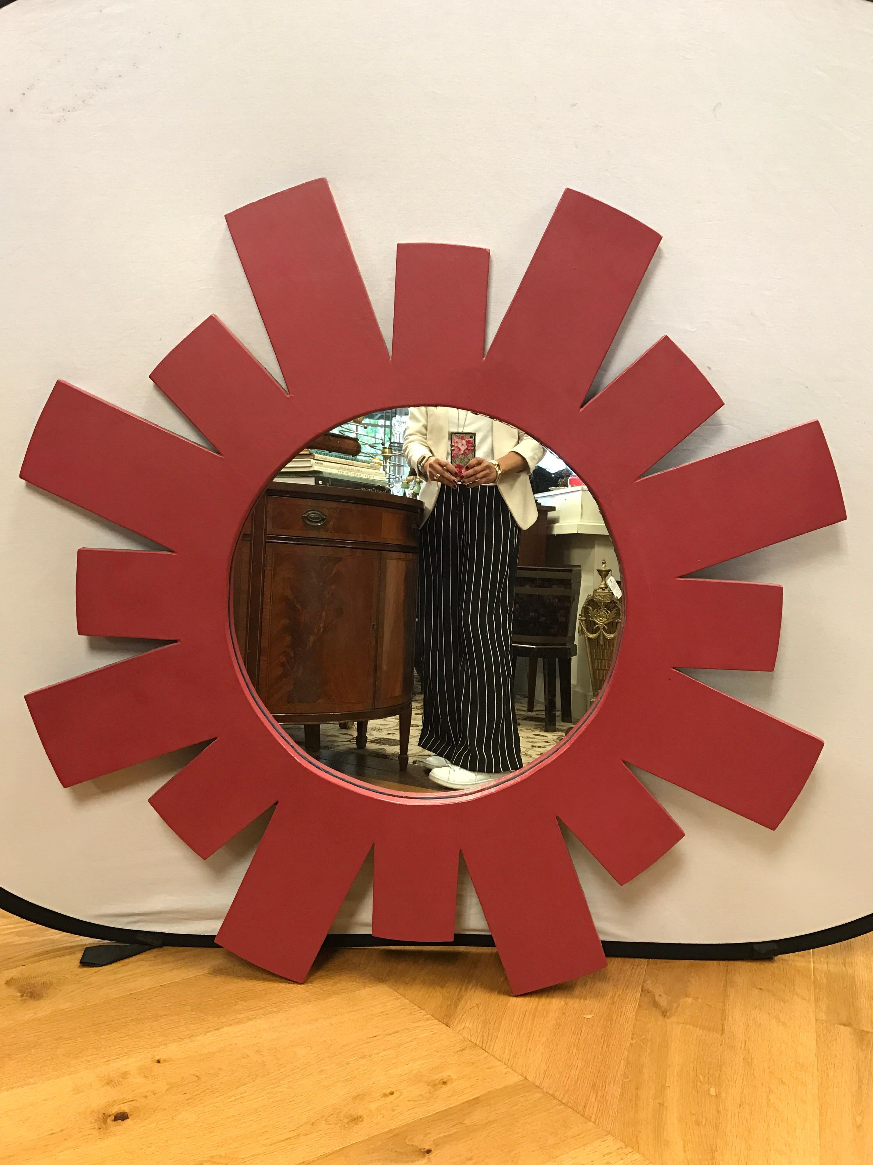 Hand-carved architectural Mid-Century Modern large red starburst style wall mirror guaranteed to brighten up any space. Ready to hang.