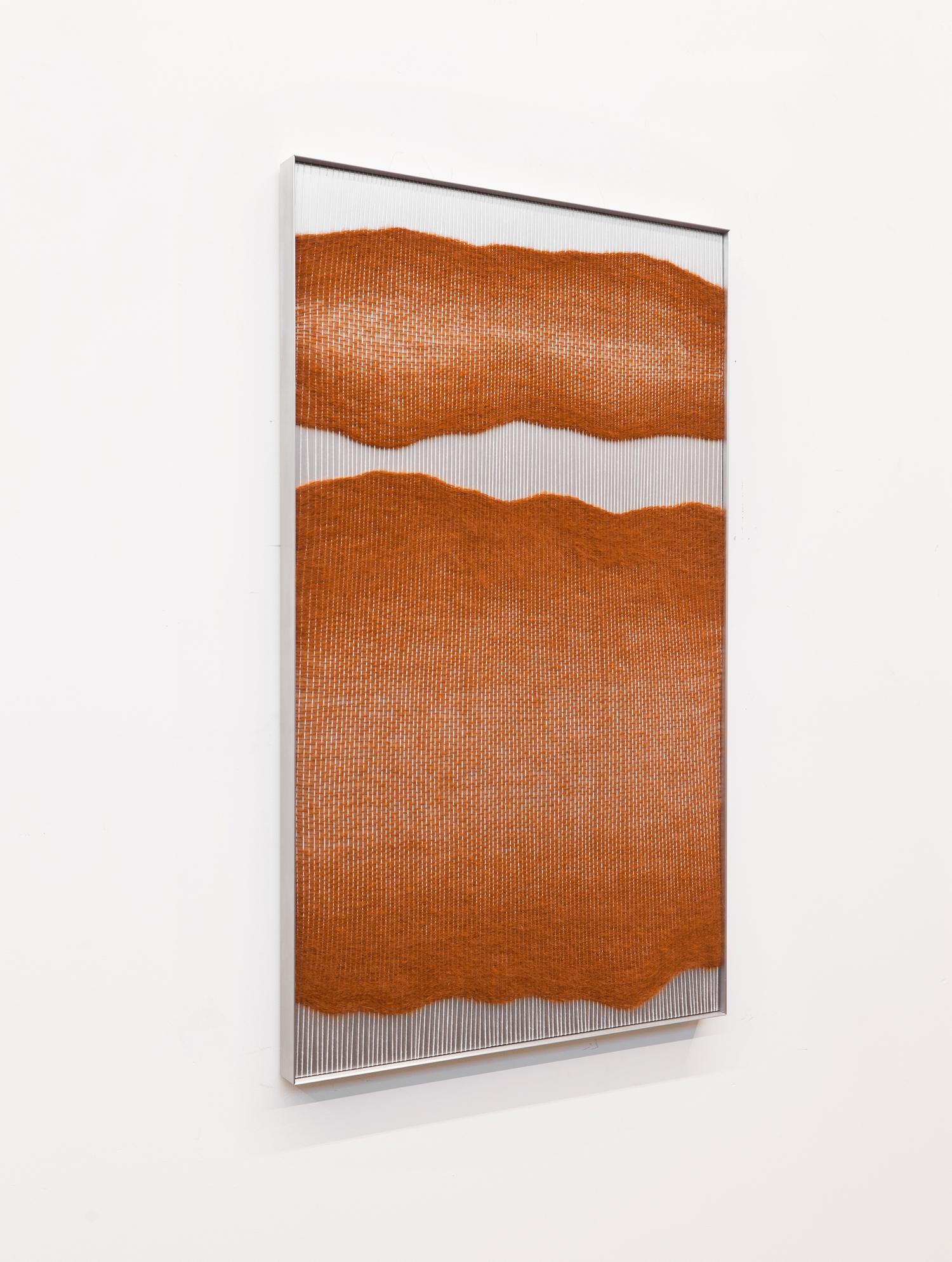 Rust edge forms
Measure: 30” x 50” x 2”.
2018
Colors: Rust, white and aluminum
Frame: Satin finish aluminum
Materials: Mohair, cotton and satin finish aluminum
Contemporary fiber art, weaving
Tapestry
Piece is currently in Los Angeles.