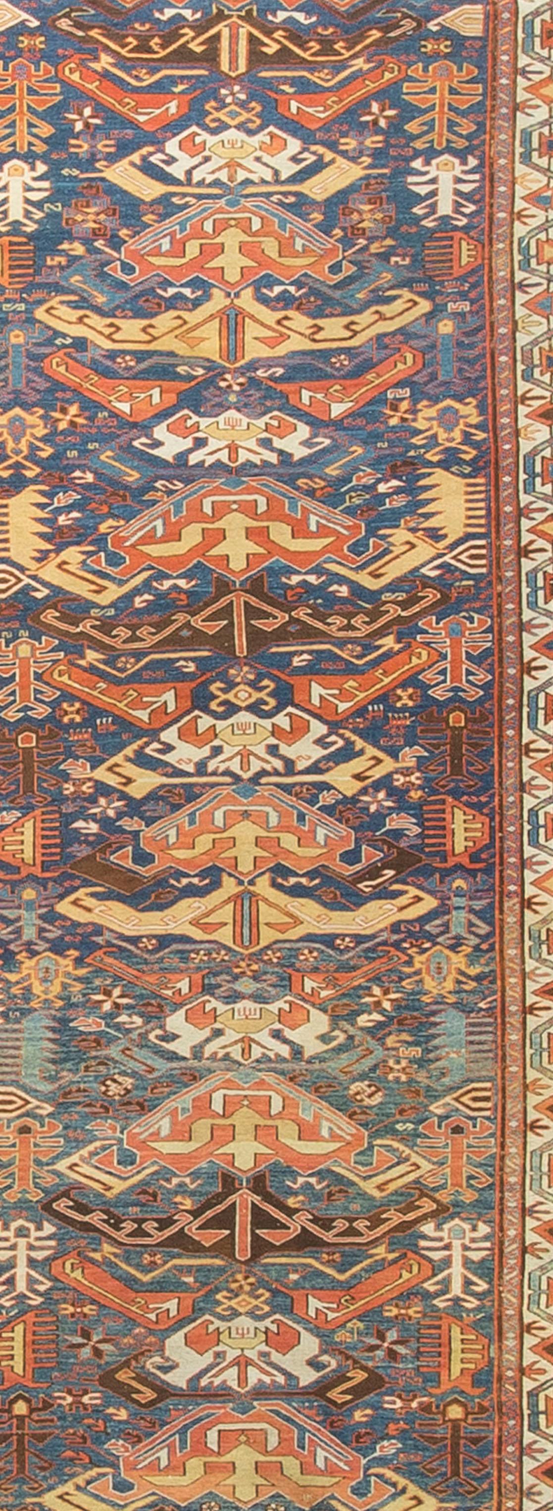 An Antique flat-weave Soumac rug. The Soumac technique is a form of warp wrapping by pattern wefts which proceed forward over two or more warps and back under fewer warps, giving a flat front surface. Most antique Soumac rugs come from the Caucasus