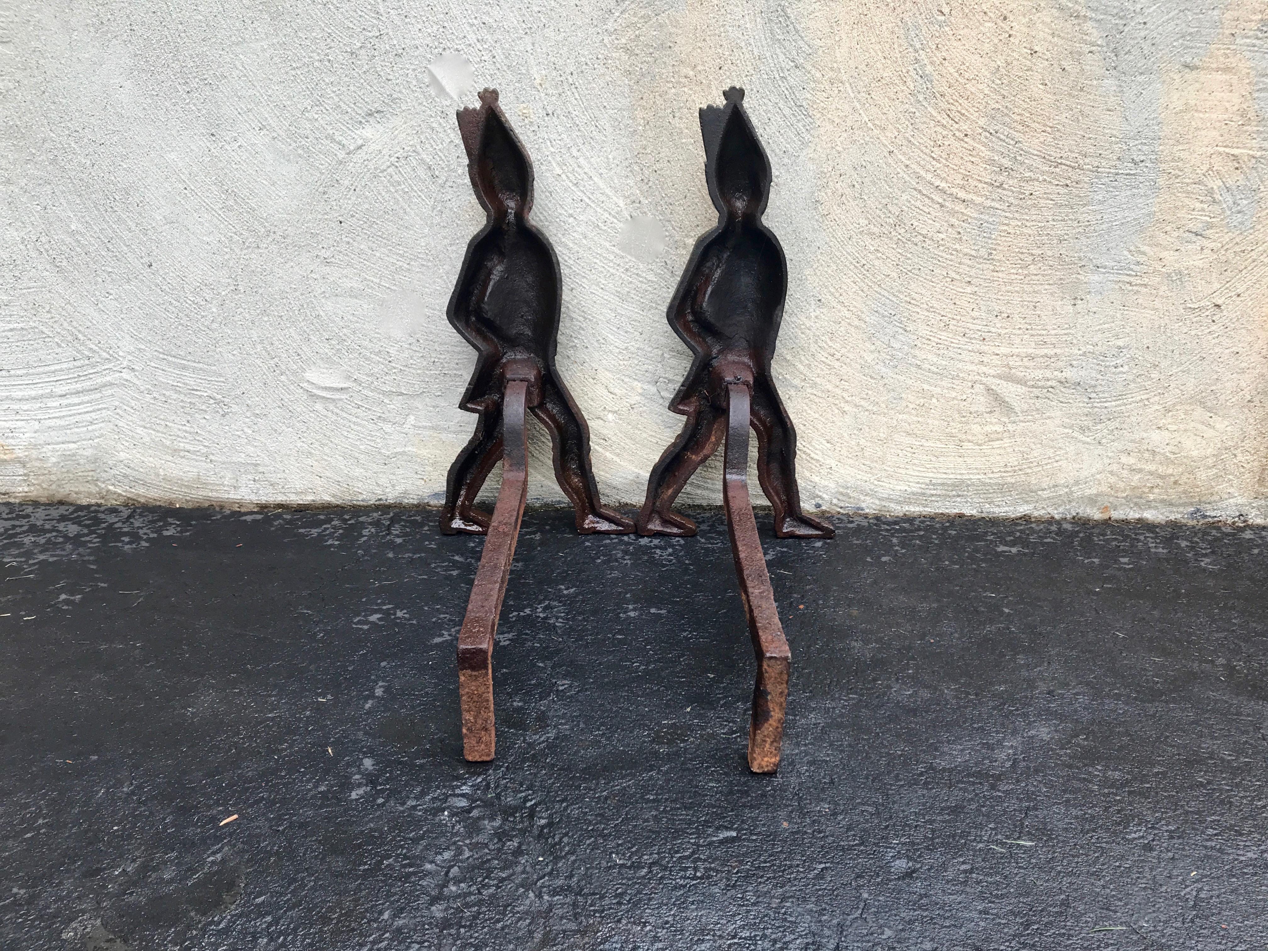 Hessian soldier andirons, early 1800s. Provenance: Upstate New York. Measures: 20” H x 9” W x 18” D. Excellent patina and original paint giving a beautiful vintage look. Extremely rare being depicted with Blue coats and a fine example of such.