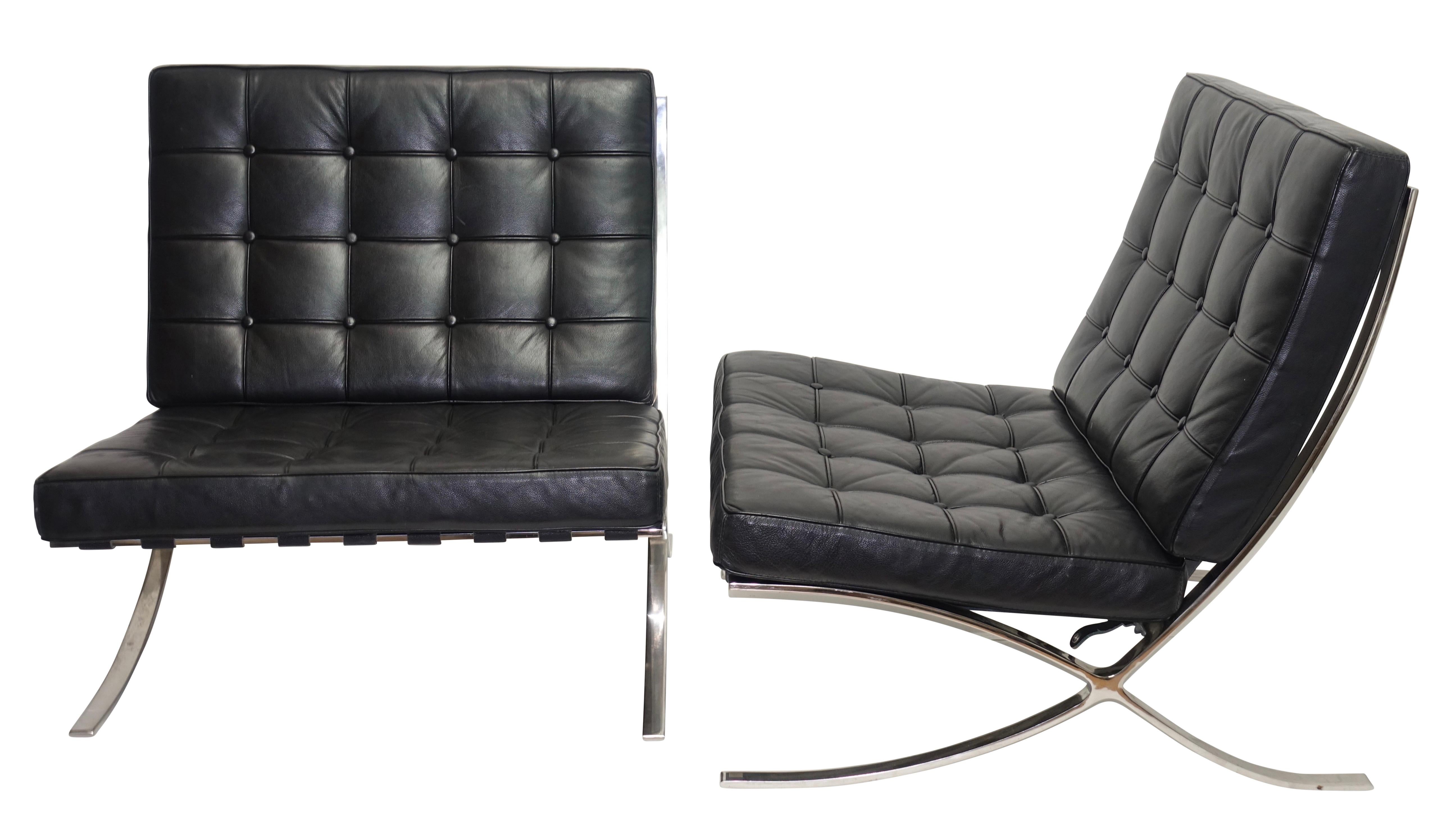Two classic midcentury style Mies van der Rohe for Knoll Studio Barcelona style chairs with Spinneybeck black leather cushions and stainless steel frames. These chairs do not have tags or labels. American, last quarter of the 20th century.
Will sell
