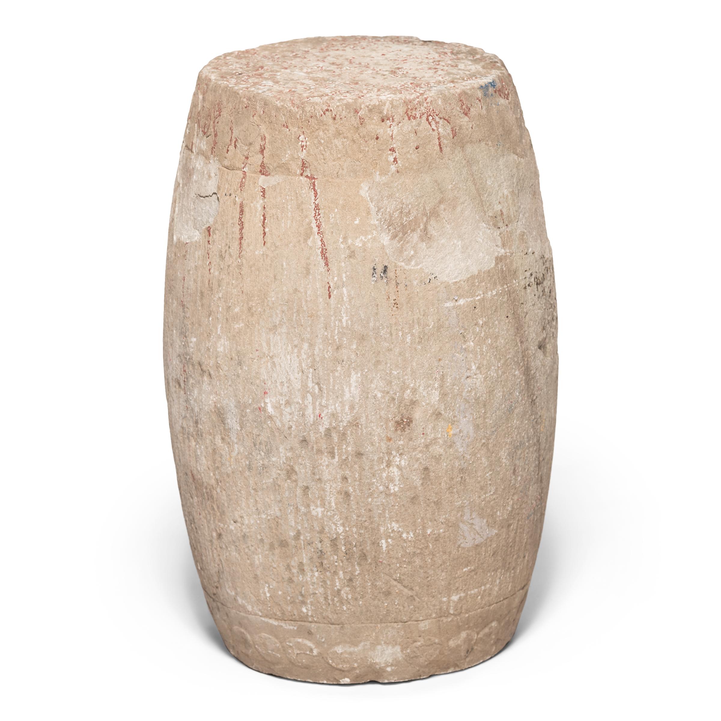 Stone furniture such as this drum carved out of limestone were commonly placed in Chinese gardens and courtyards to reduce the amount of indoor furniture that would have to be moved to accommodate an outdoor gathering. Carved circa 1800 out of a