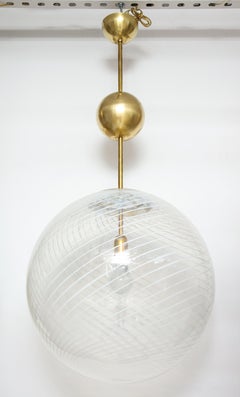 Large Venini White and Clear Murano Glass Globe or Pendant with Brass Fittings