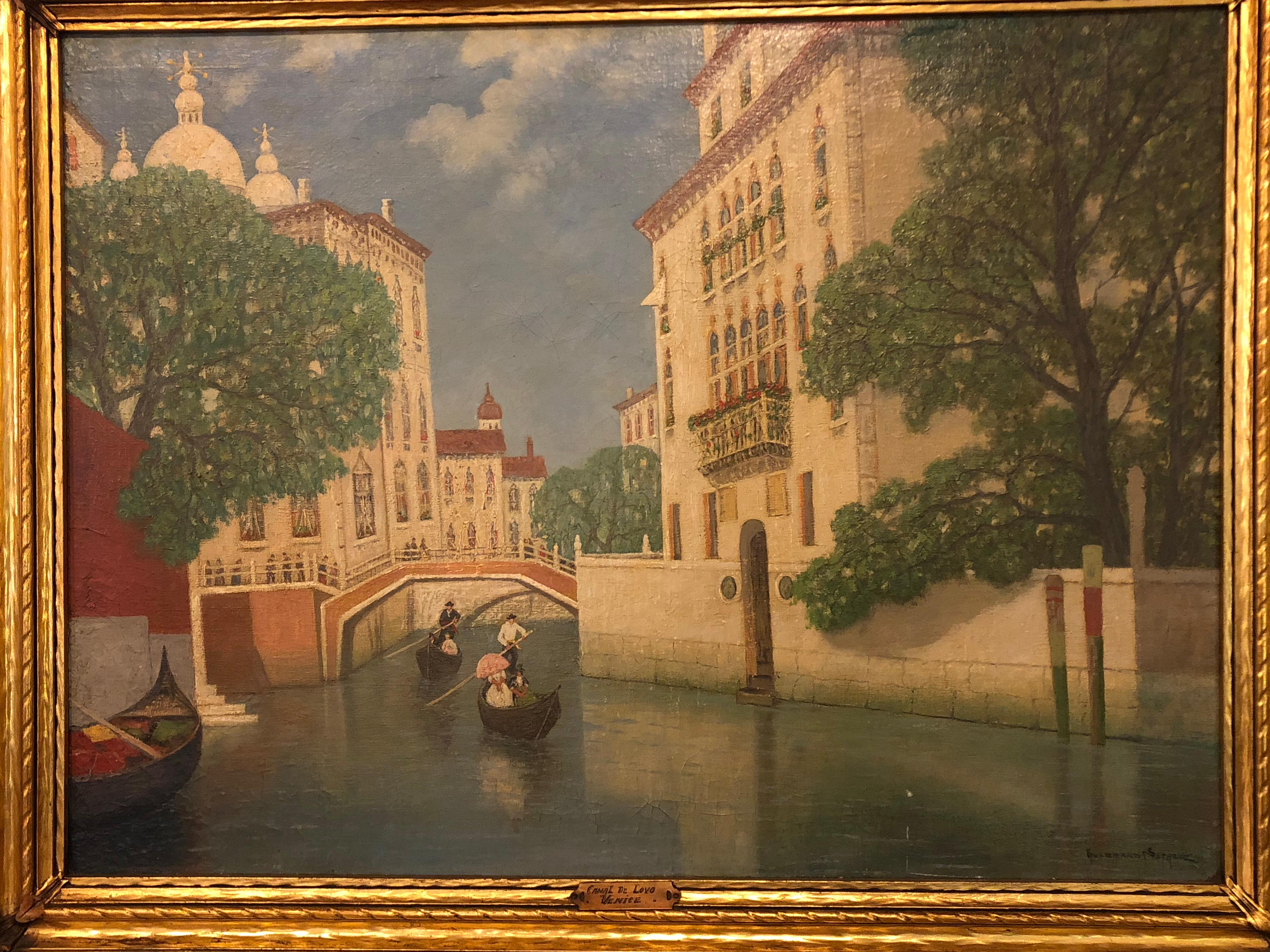 A Gulbrandt Sether Norwegian American oil on canvas of a Venice canal. Canal De lovo -Venice in a fine and highly detained gilt frame. (Paperwork on reverse).
Gulbrand Sether was born in Saerskovbygda, Elverum, Norway, in 1869. He worked on