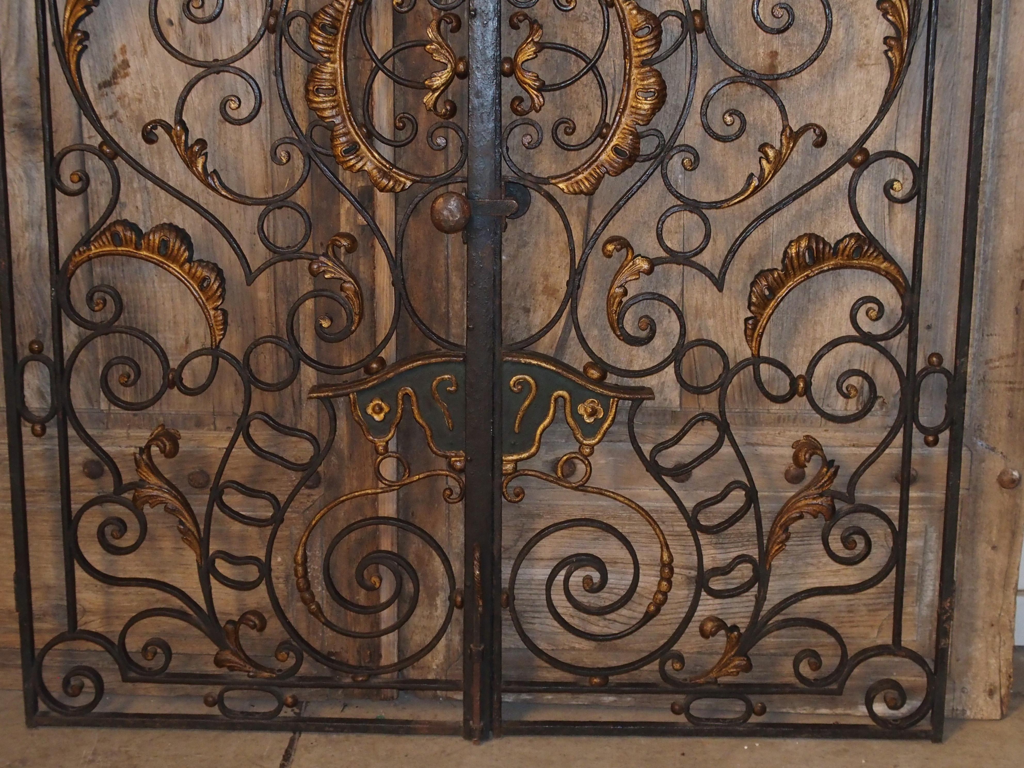 These fabulous gates are period Regence, circa 1715 and come from a chapel in Provence. They have beautiful double-sided decorative motifs in gilt tole, green laquer and paint. Forged C and S-scrolls along with acanthus leaf motifs are seen