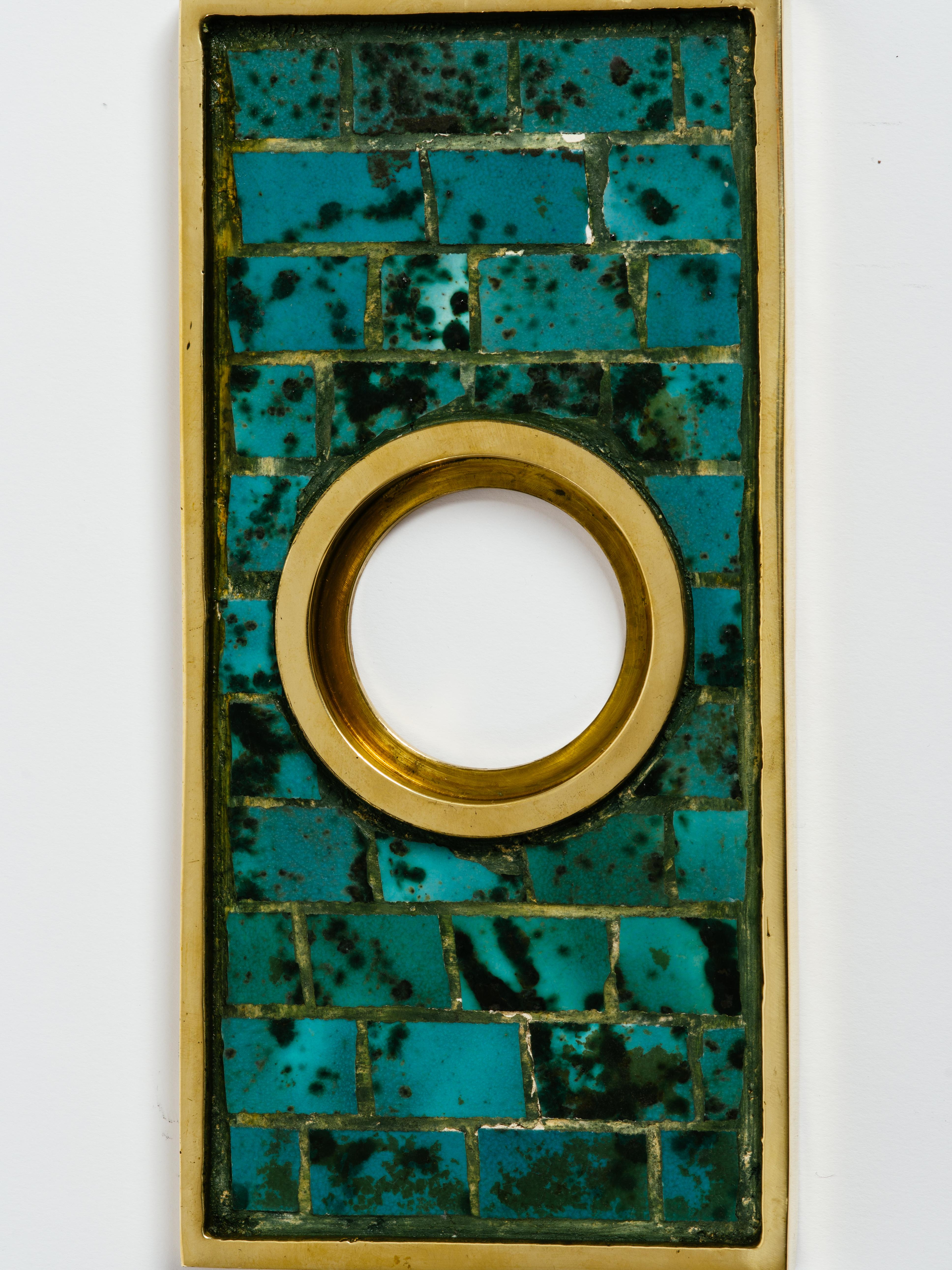 Large Mexican brass door escutcheon / plate with stone tile inlay, circa 1970s.
Attributed to Pepe Mendoza. Stamped MEXICO on back.