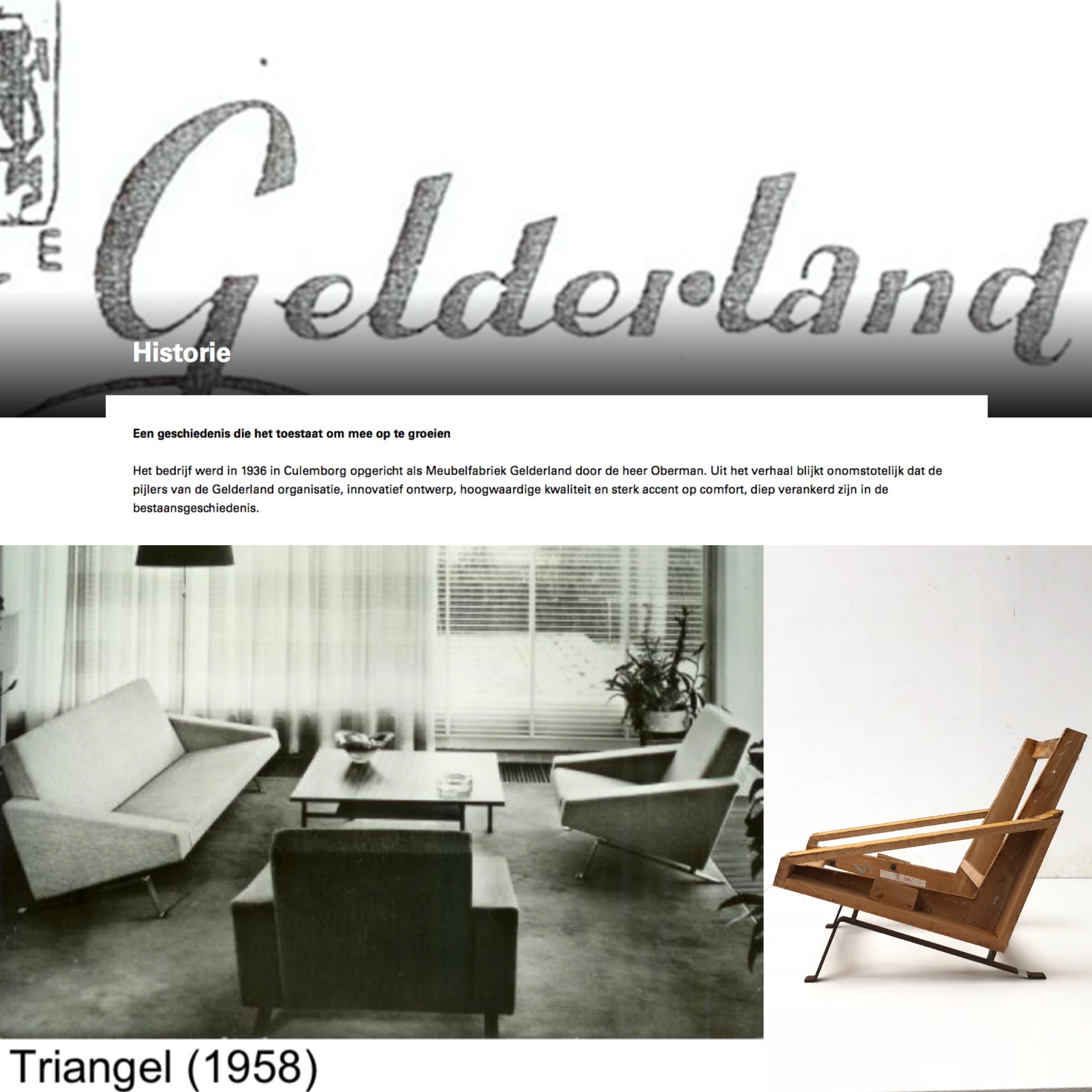 This very rare Triangel set was produced by Dutch high end furniture manufacturer Gelderland (founded in 1938) by Oberman
1958 (the year this Triangel model was introduced) was the year that modernism boomed in Europe, the 1958 World Expo in