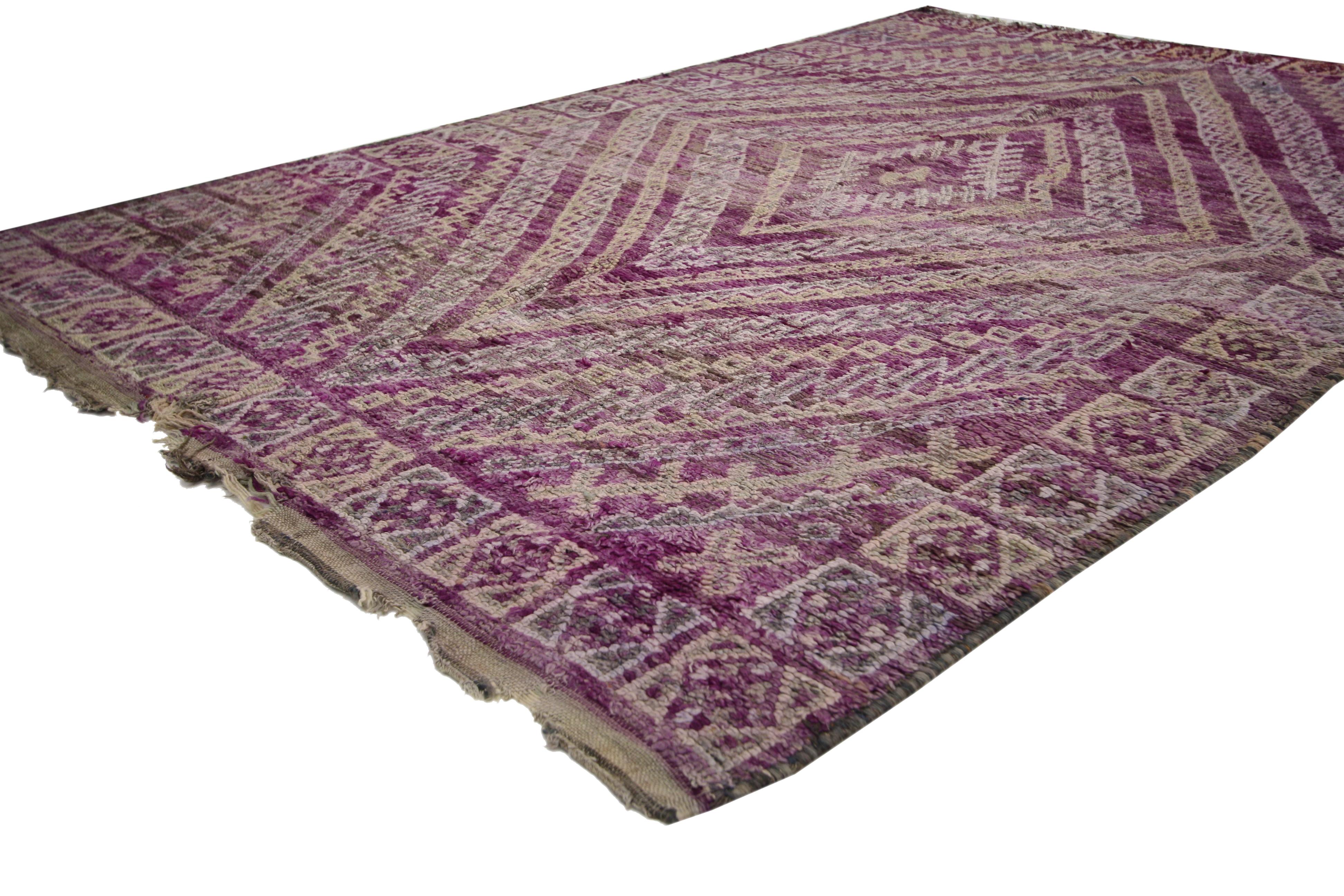 20715 Vintage Purple Beni M'Guild Moroccan Rug with Memphis Design Postmodern Bohemian Style 05'07 x 07'10. This hand-knotted wool vintage purple Beni M'Guild Moroccan rug with Tribal Style features a series of expanded diamonds composed from