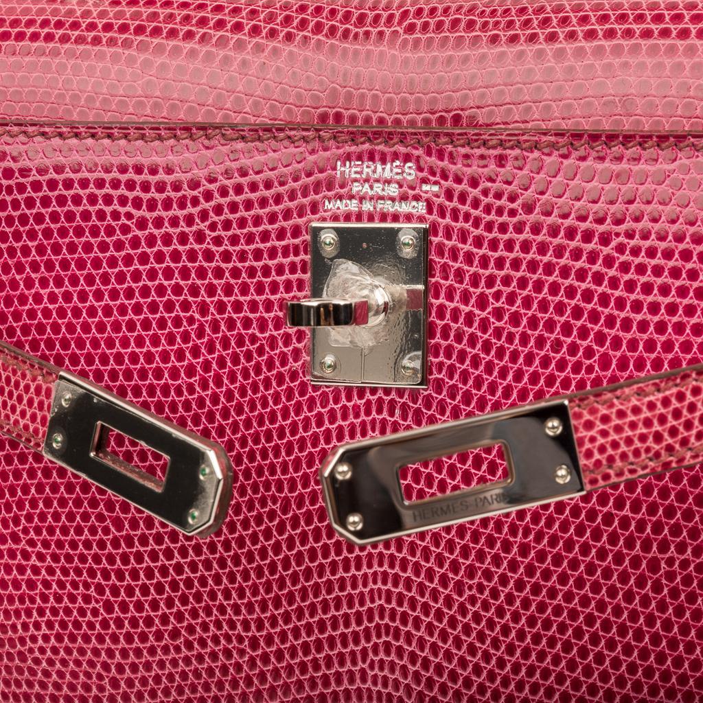 Hermes Kelly Seller 25 Fuschia Pink Lizard Palladium Hardware Limited Edition For Sale 2