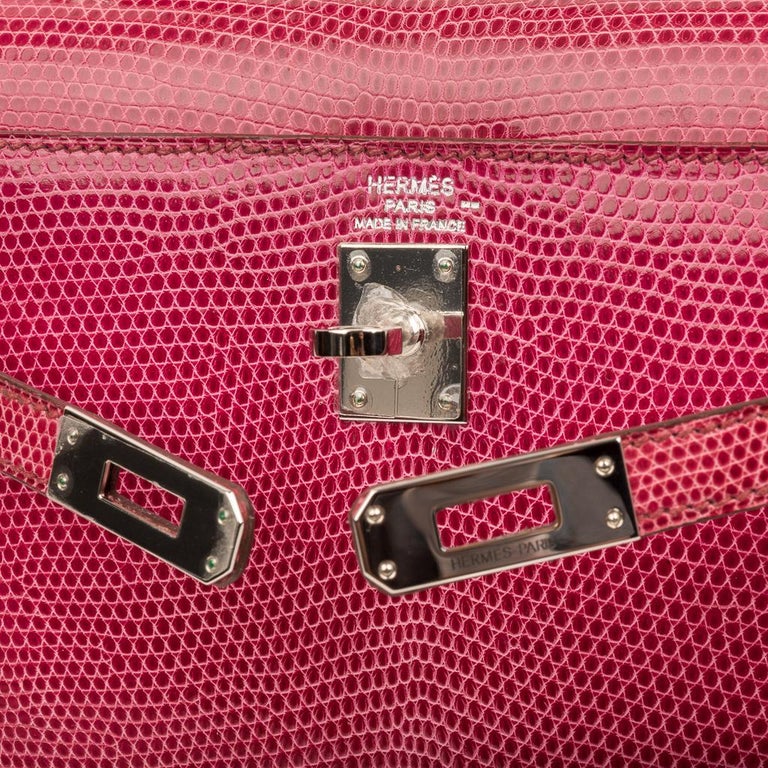 Hermes Kelly 25 Bag Sellier Fuschia Pink Lizard Palladium In Excellent Condition For Sale In Miami, FL