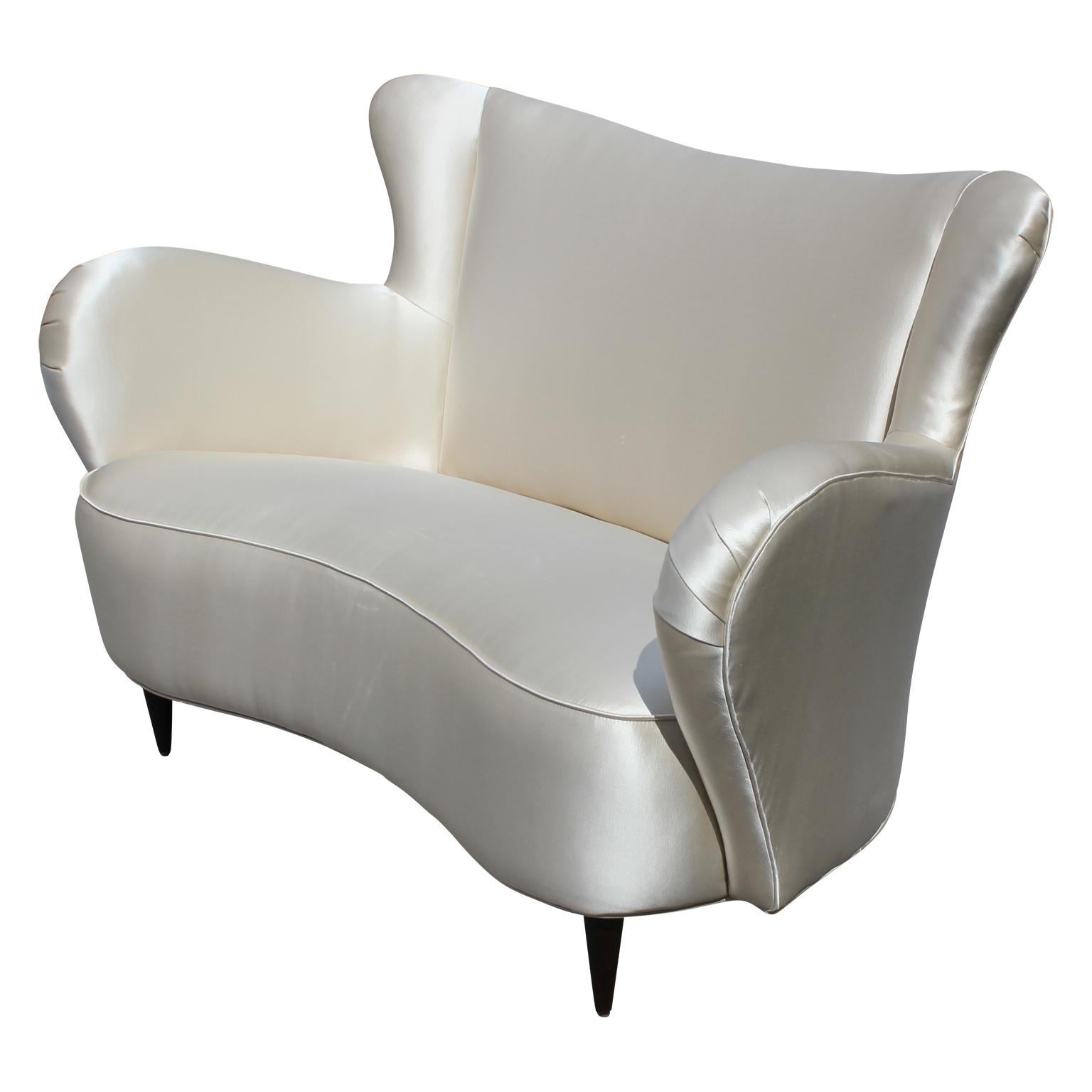 Mid-Century Modern Modern Italian Wingback Love Seat / Settee in Holly Hunt Silk and Walnut Legs