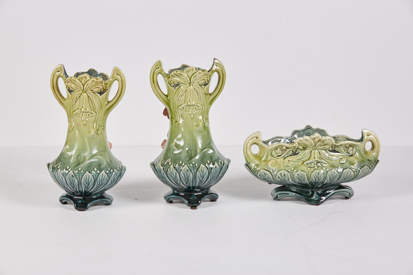 Art Nouveau Antique French Barbotine Ceramic Three-Piece Garniture