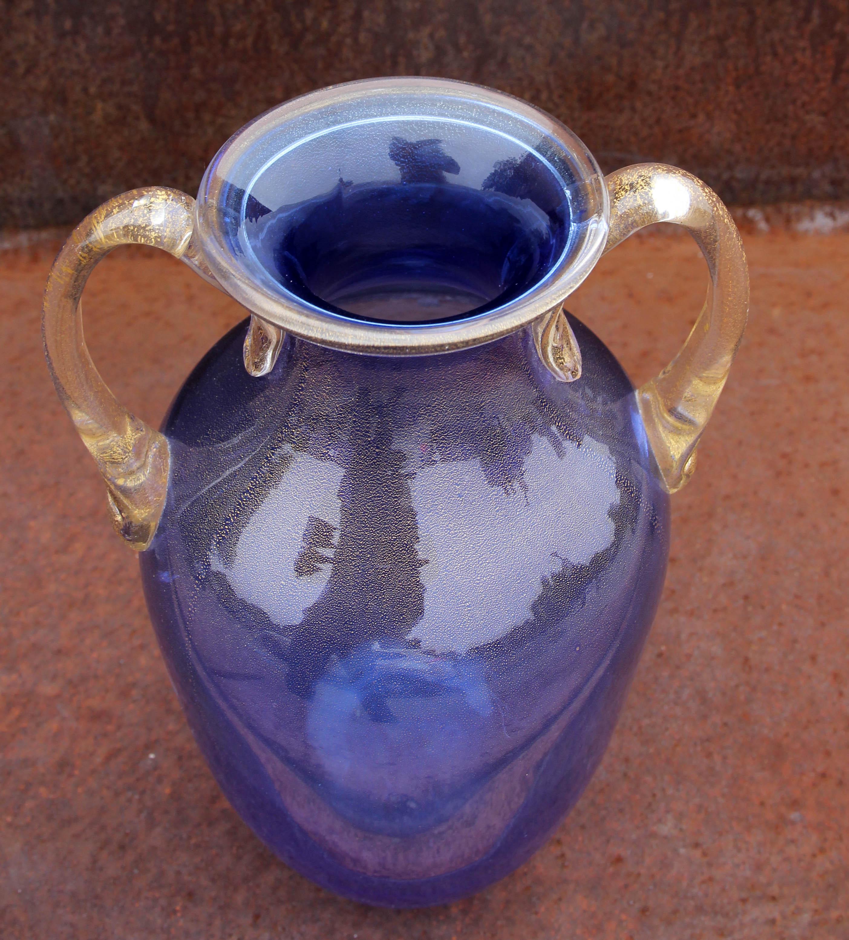 Mid-Century Modern Murano Blue Glass Two Handle Vase