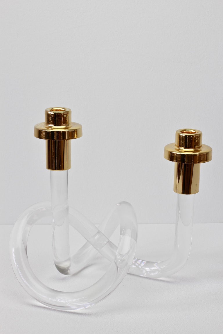 Gold and Lucite Twisted Pretzel Candlestick Holder/Candelabra by