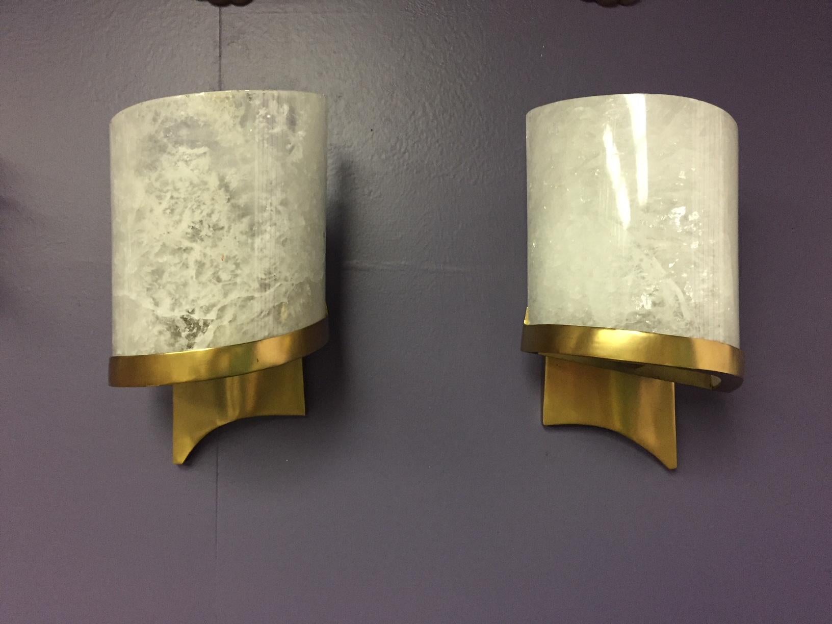 American Pair of Modern Style Carved Rock Crystal and Brass Sconces