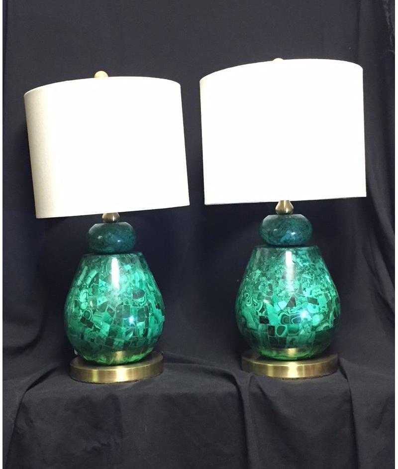 American Pair of Brass and Malachite Veneered Lamps with Shades