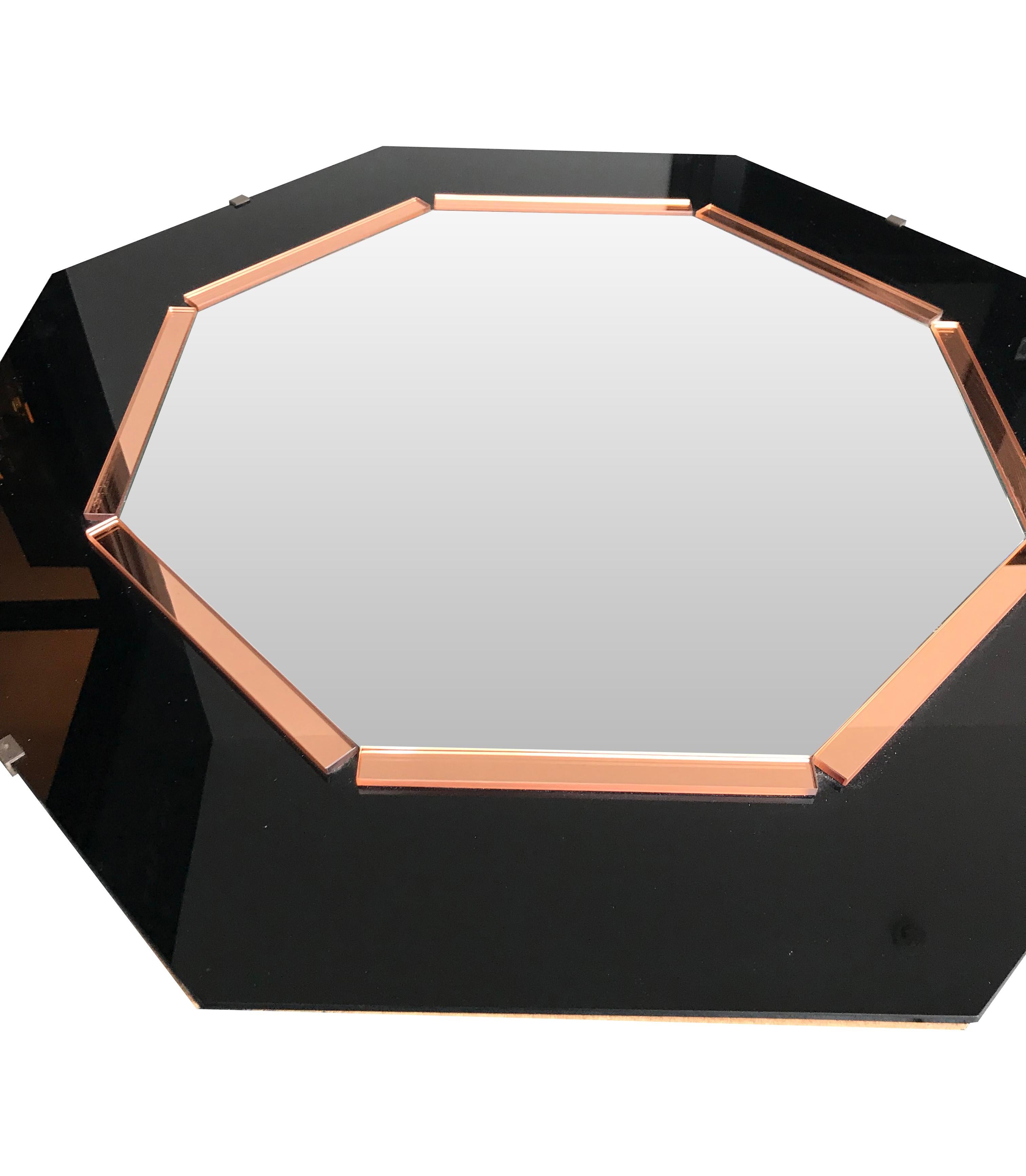 French Black Glass and Rose Mirror  Art Deco Style Octagonal Mirror