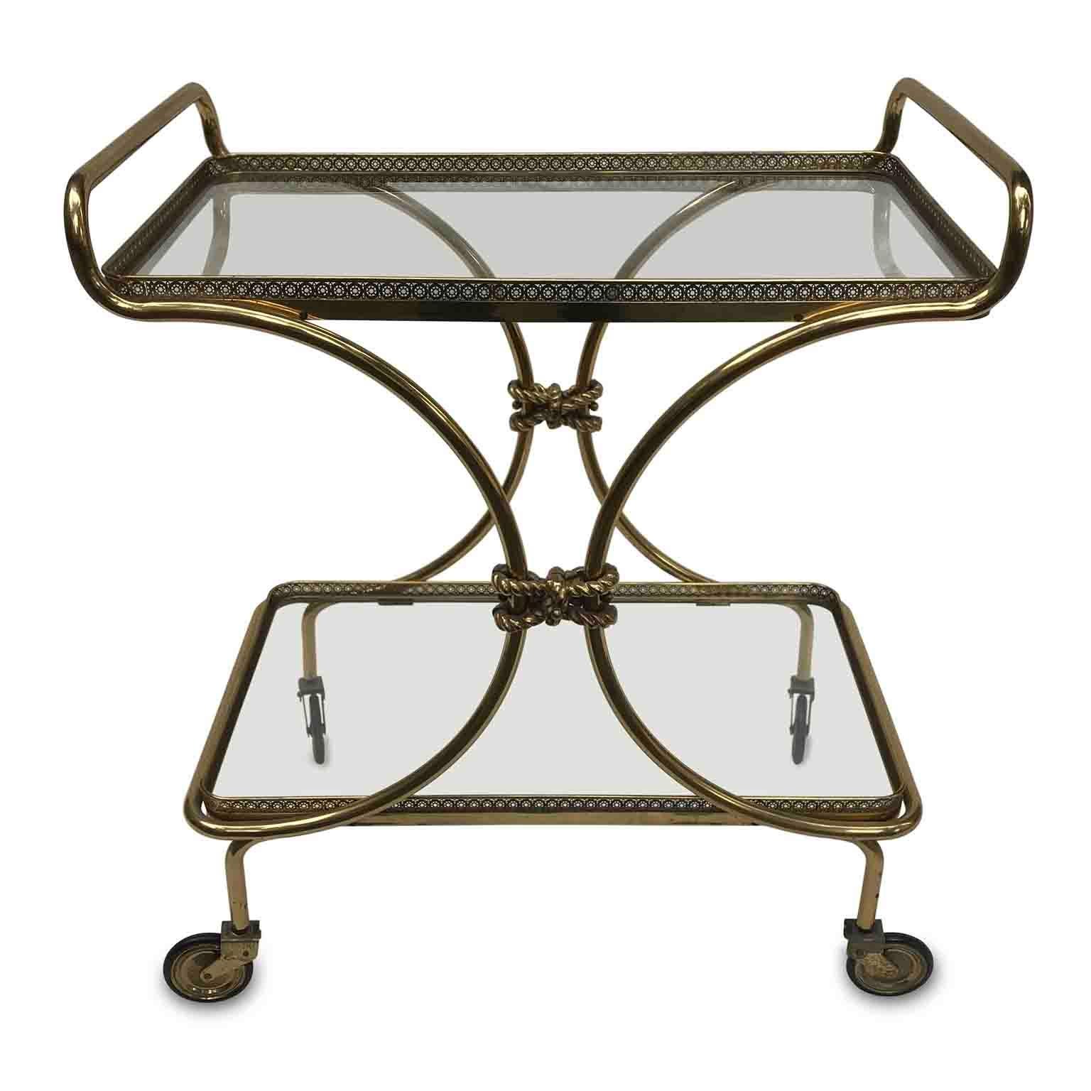 Mid-20th Century Italian Bar Cart Two-Tier Brass and Crystal Vintage Tea Car In Good Condition In Milan, IT