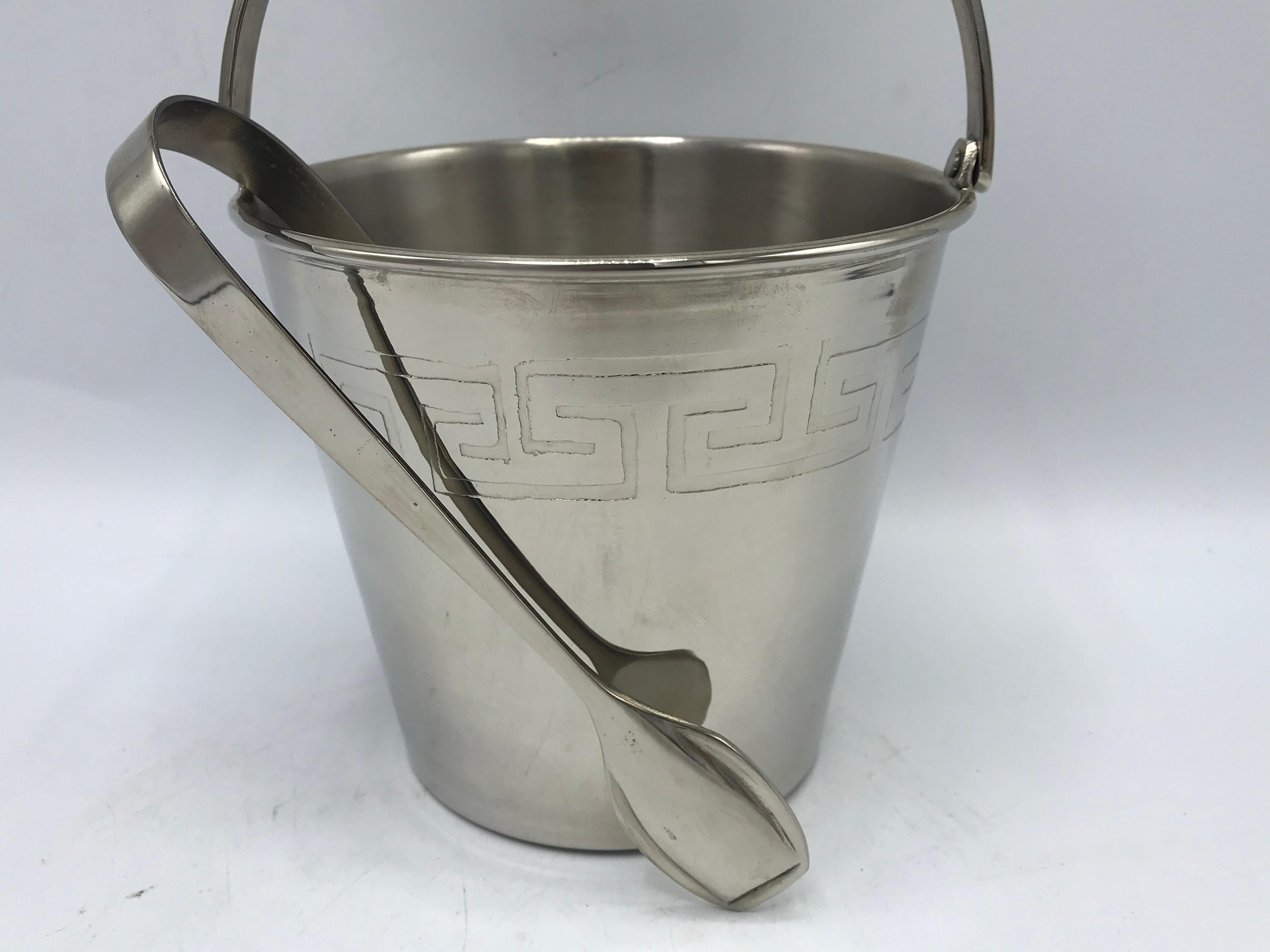 Modern 1970s Chrome Ice Bucket and Tongs with Greek Key Motif For Sale