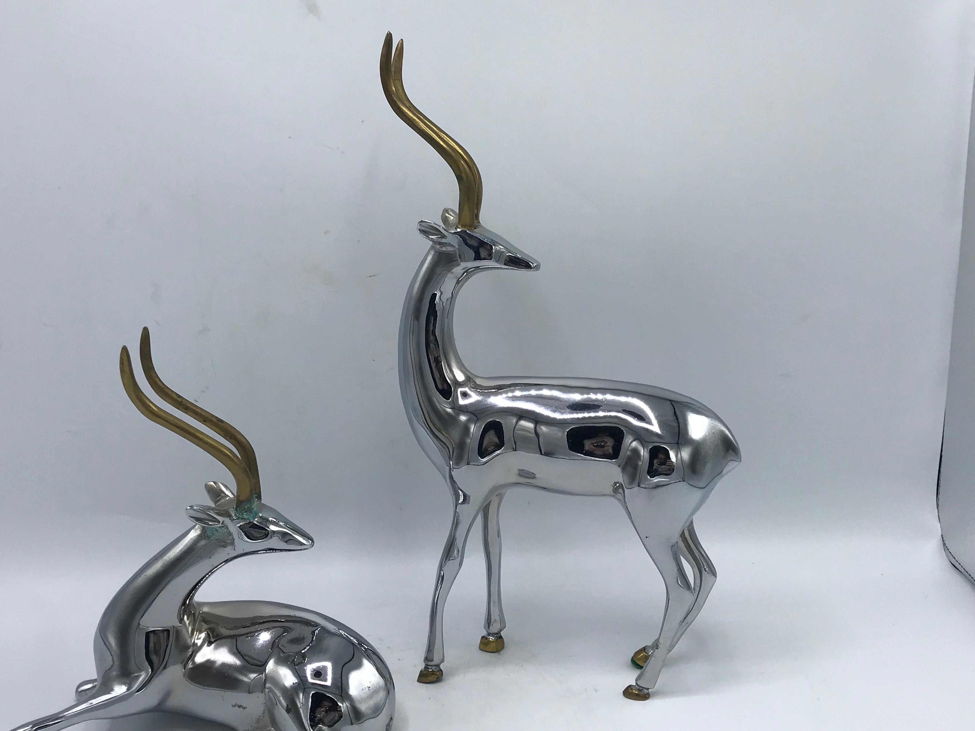 Modern 1960s Chrome and Brass Gazelle Sculptures, Pair For Sale