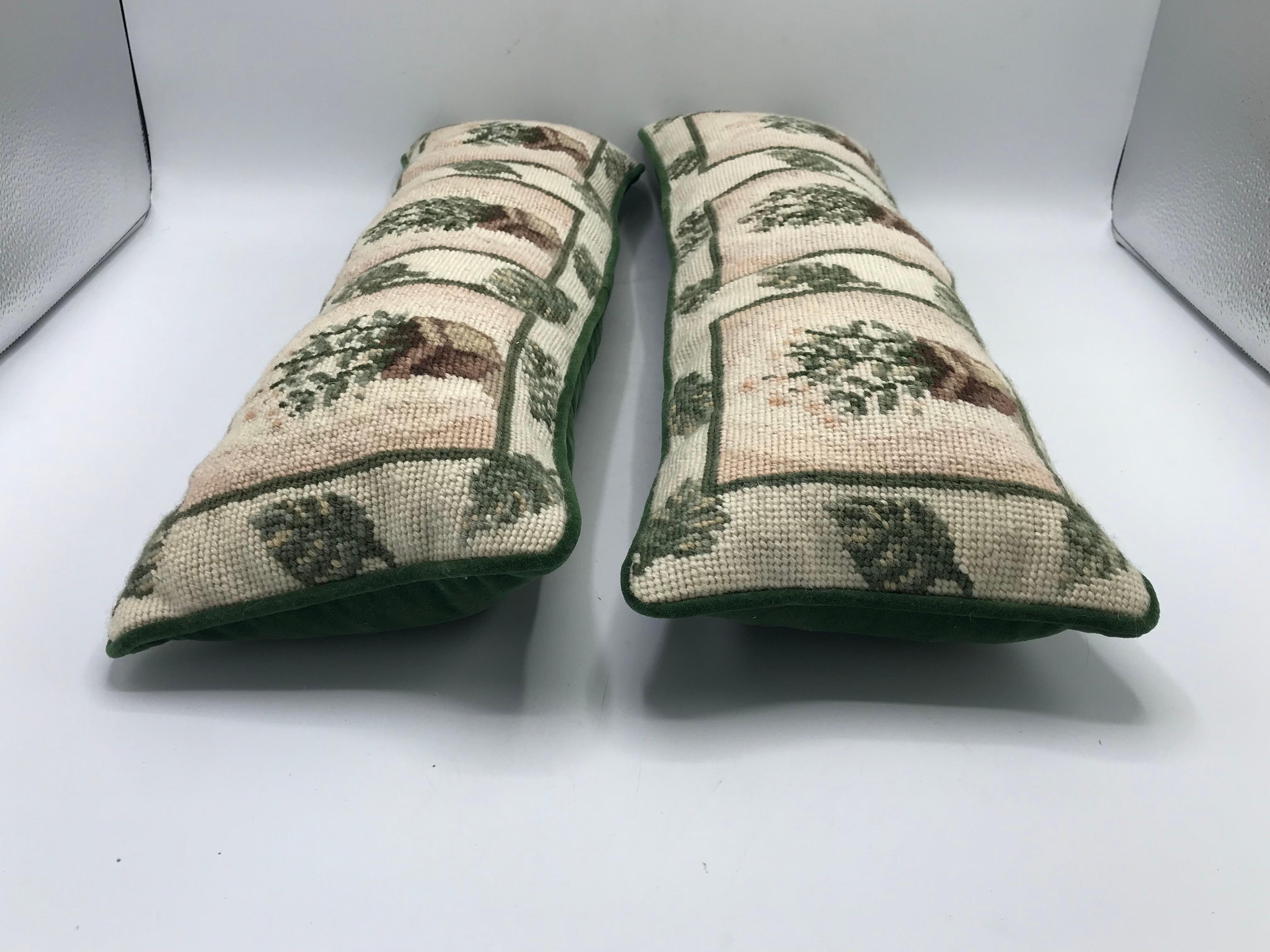 1980s Needlepoint Pillows with Topiary Motif, Pair In Excellent Condition In Richmond, VA